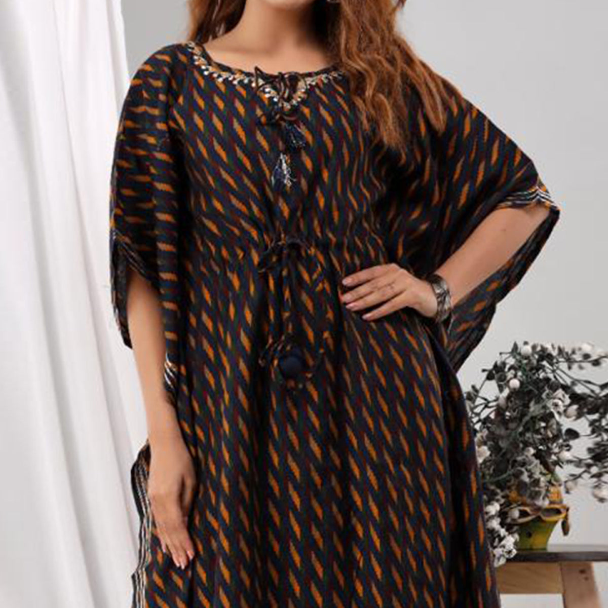 Navy Blue Printed Chanderi Kaftan Set