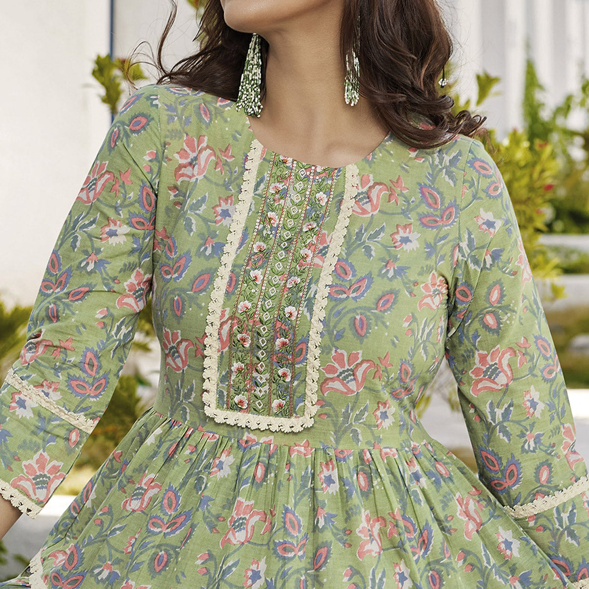 Green Floral Printed Pure Cotton Tunic