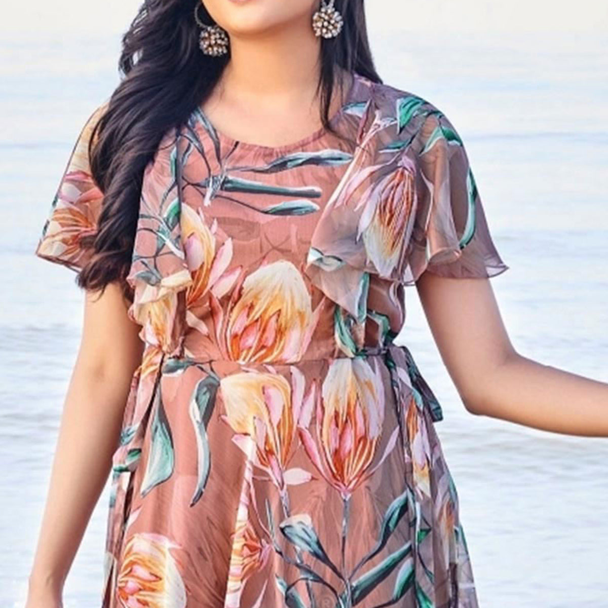 Brown Digital Floral Printed Chiffon Maxi Dress