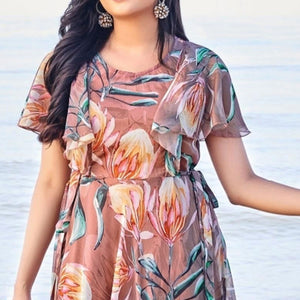 Brown Digital Floral Printed Chiffon Maxi Dress