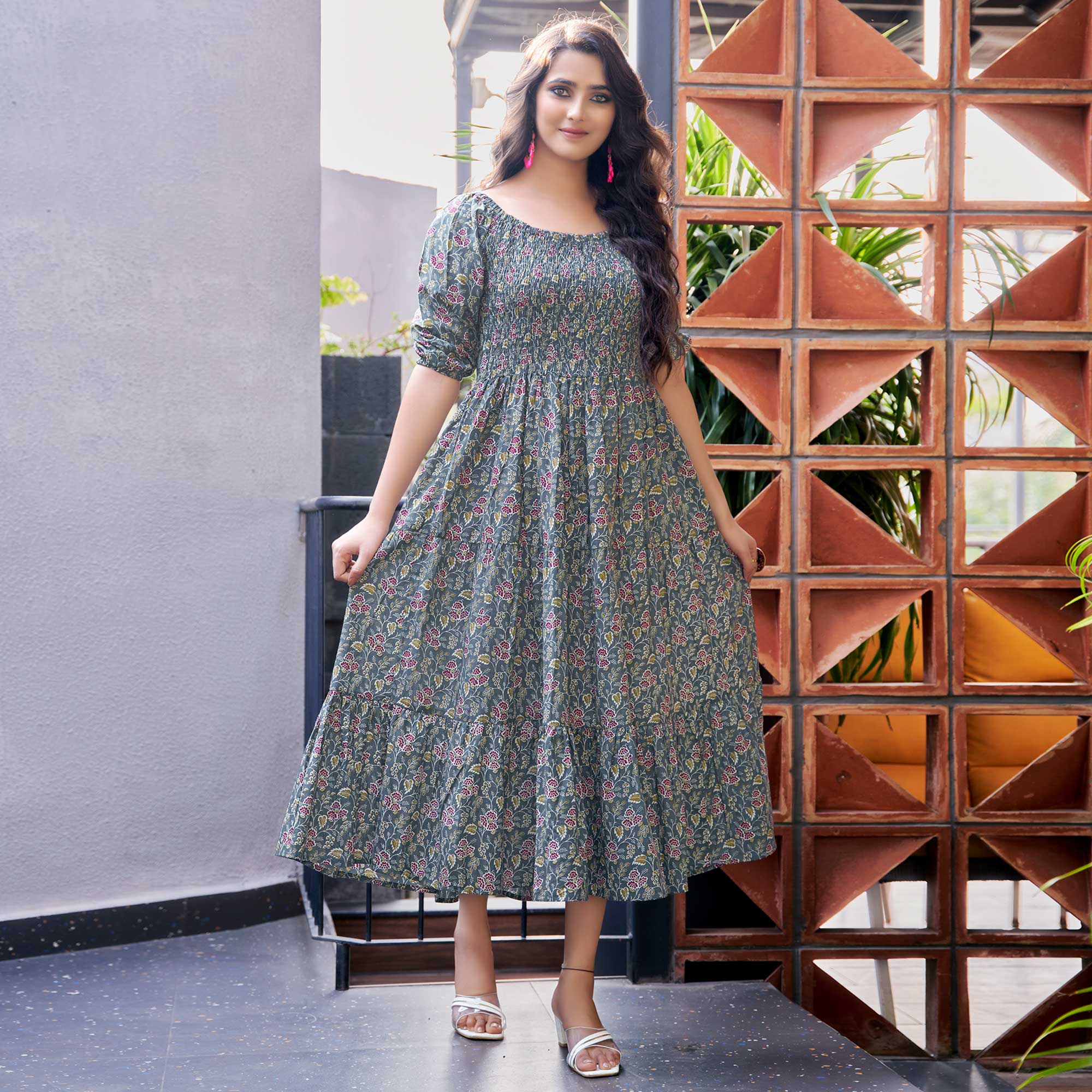 Grey Floral Printed Pure Cotton Dress