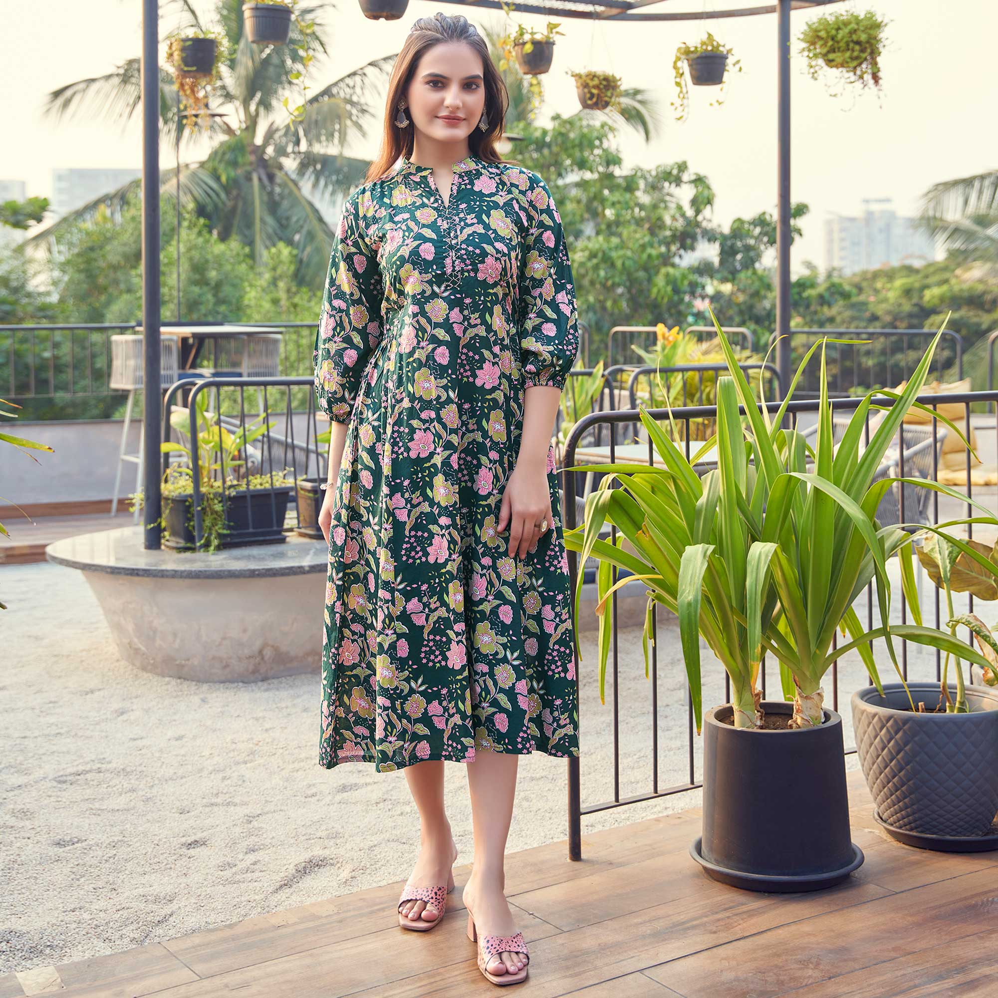 Dark Bottle Green Floral Printed Pure Cotton Dress