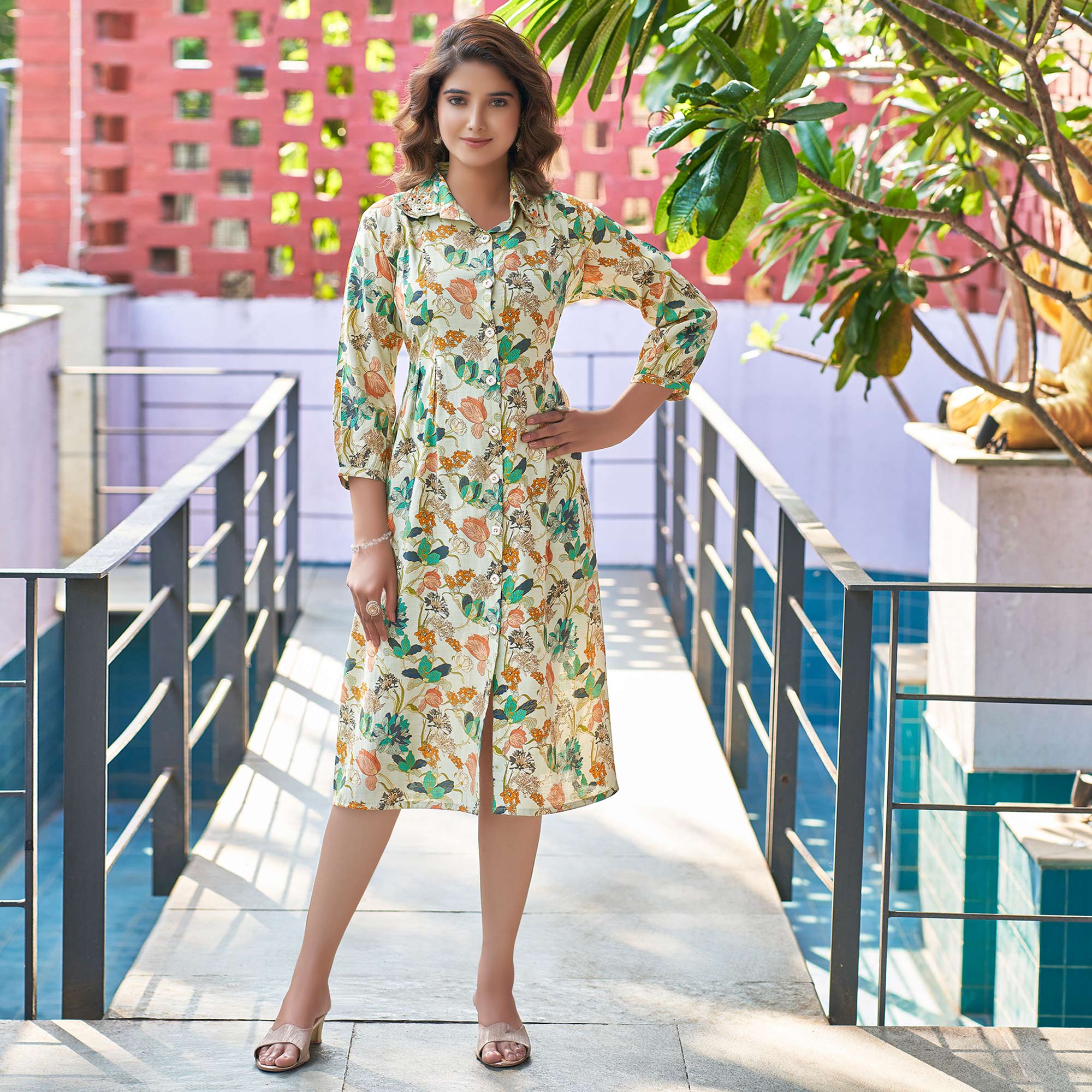 Turquoise Floral Printed Front Slit Muslin A-Line Dress