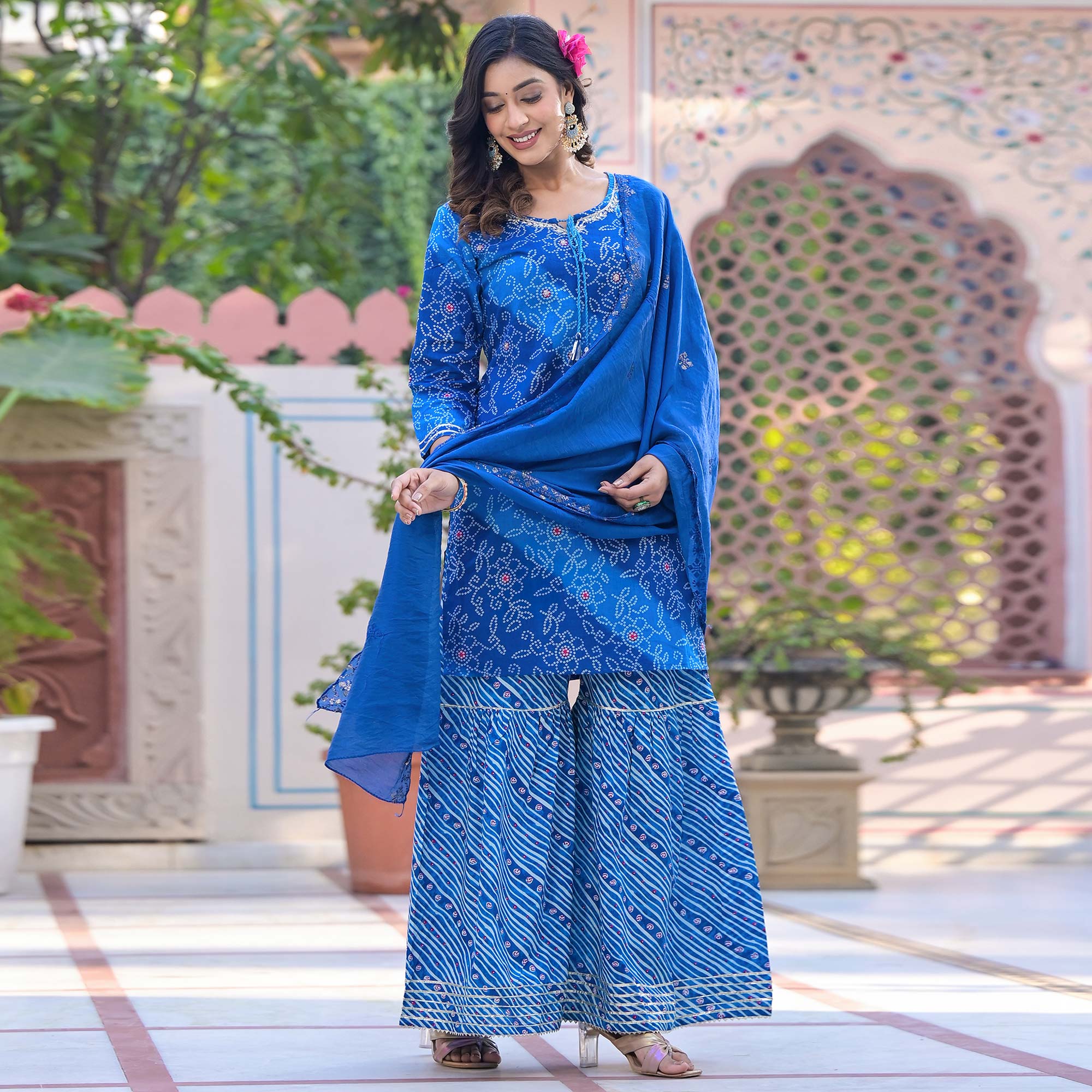 Blue Bandhani Printed Pure Cotton Sharara Suit