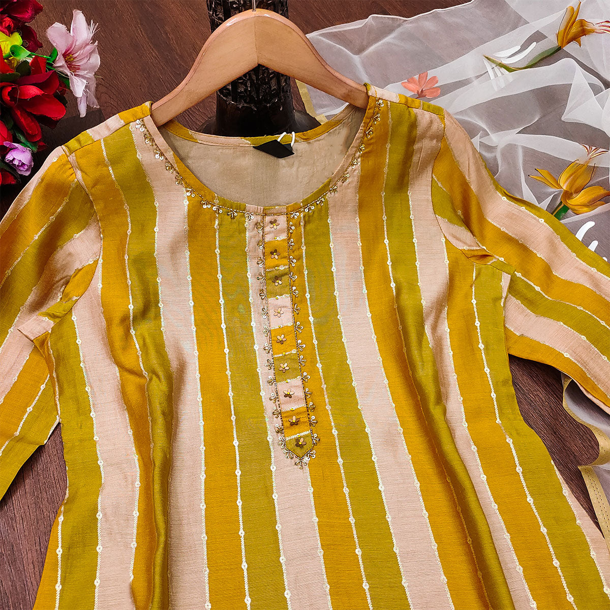 Multicolour Gotta Patti With Embellished Cotton Silk Kurti Pant Set With Dupatta