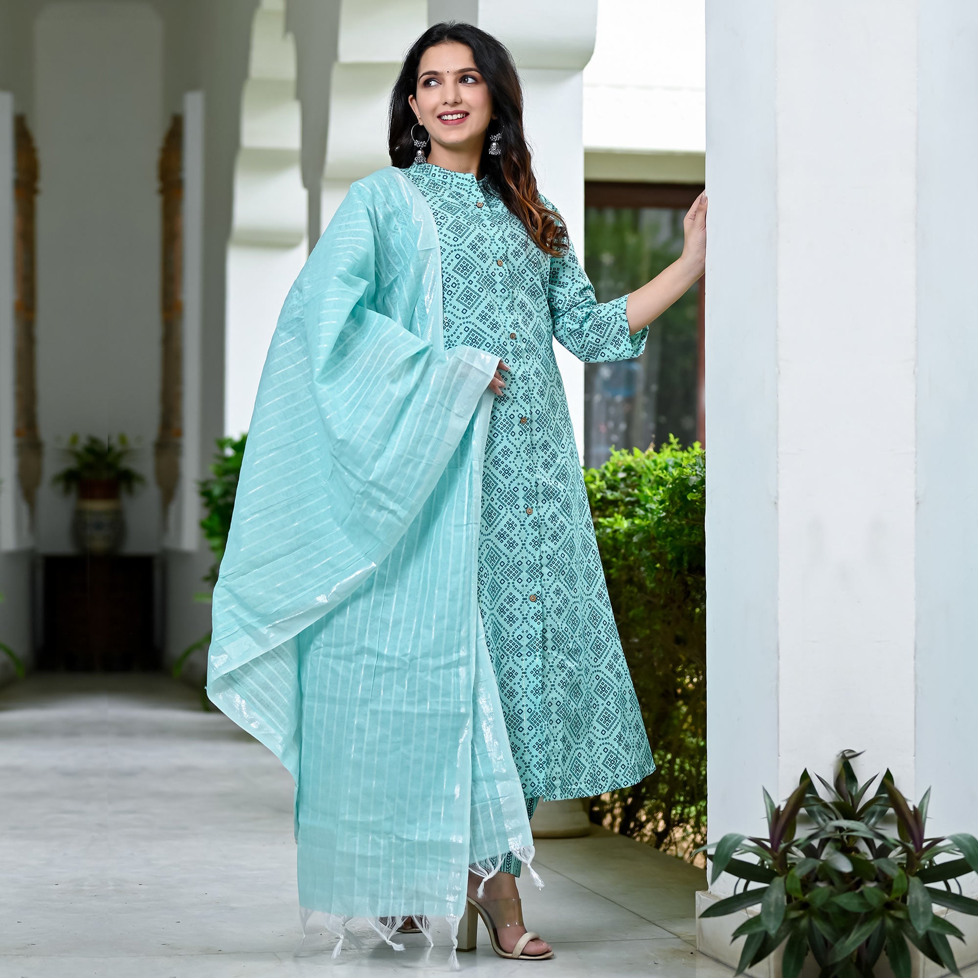 Turquoise Bandhani Printed Pure Cotton A Line Suit
