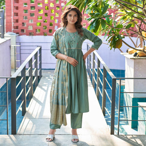 Green Floral Embroidered Pure Silk Suit