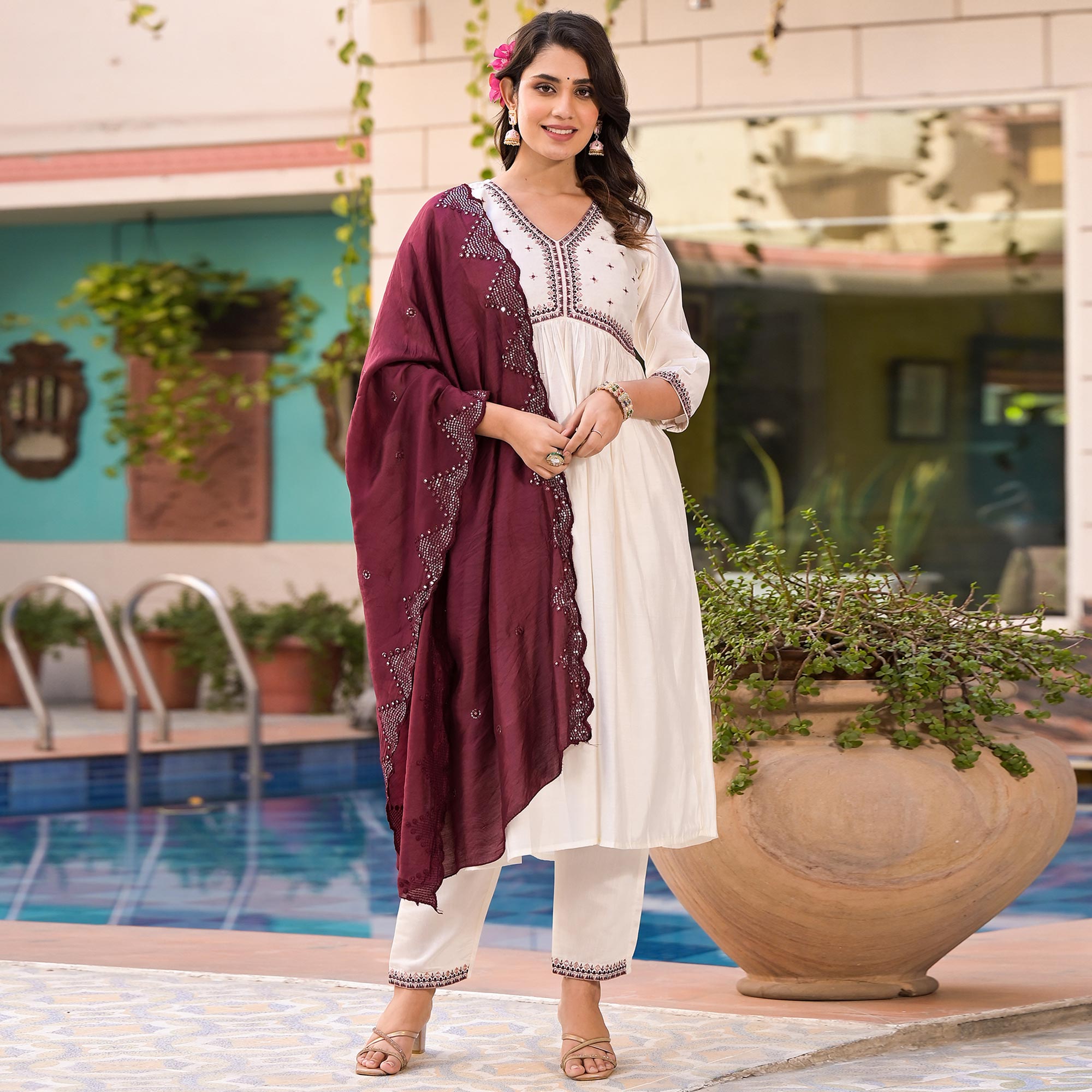 White Embroidered Pure Silk Alia Cut Salwar Suit