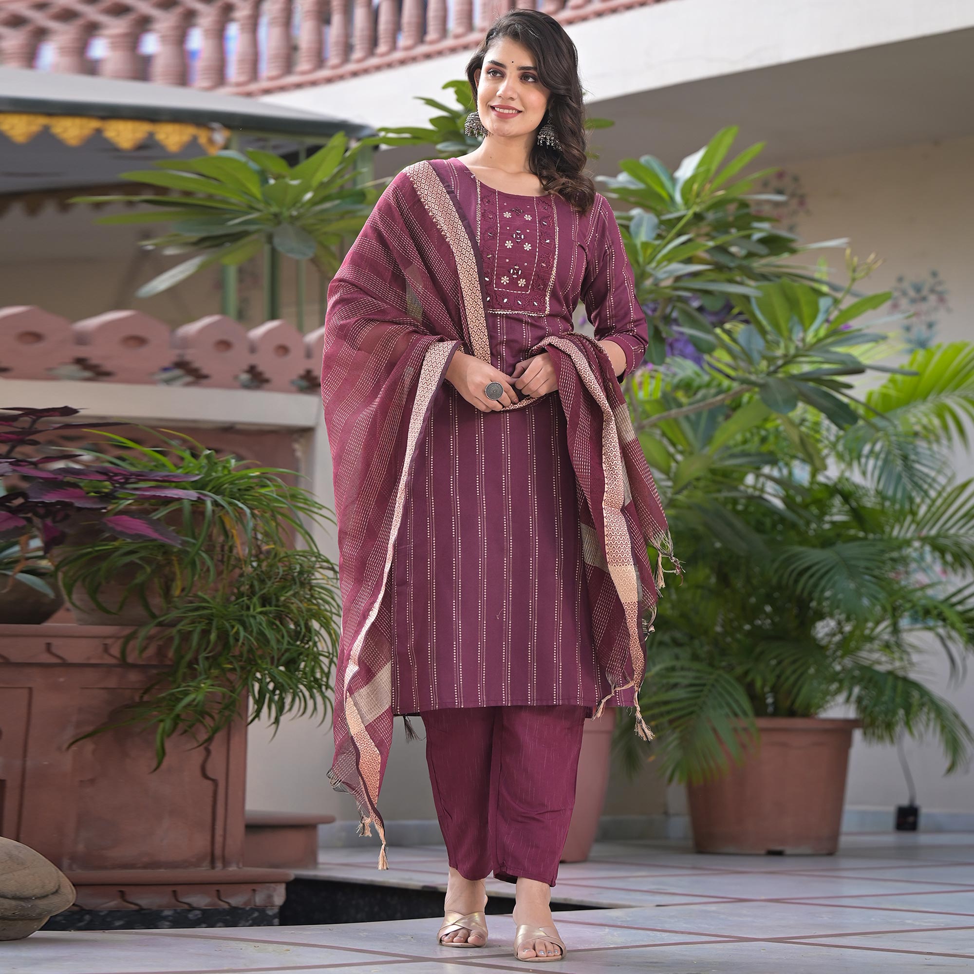 Wine Woven Pure Cotton Straight Salwar Suit