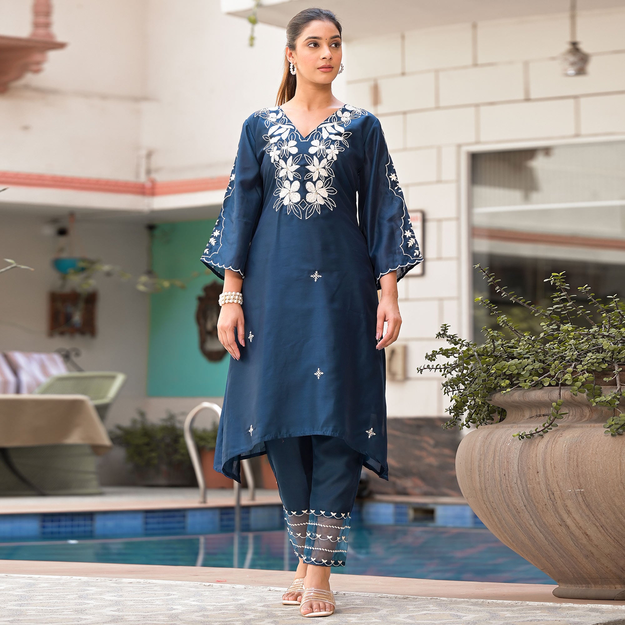 Blue Floral Embroidered Chanderi Silk Kurti Sets