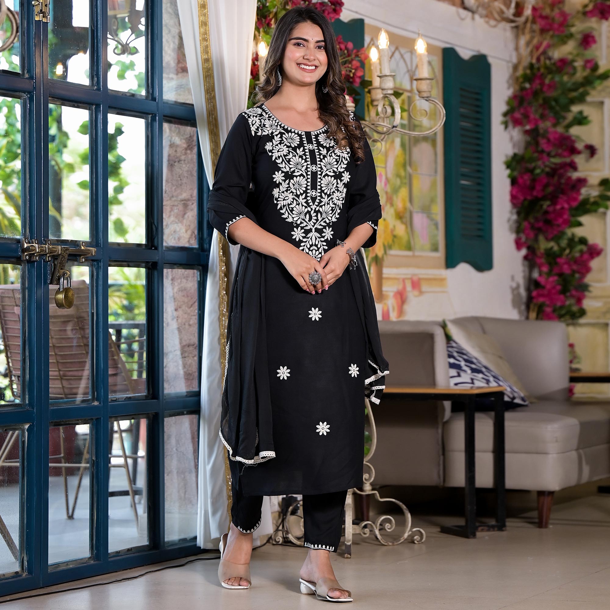 Black Lucknowi Embroidered Rayon Salwar Suit