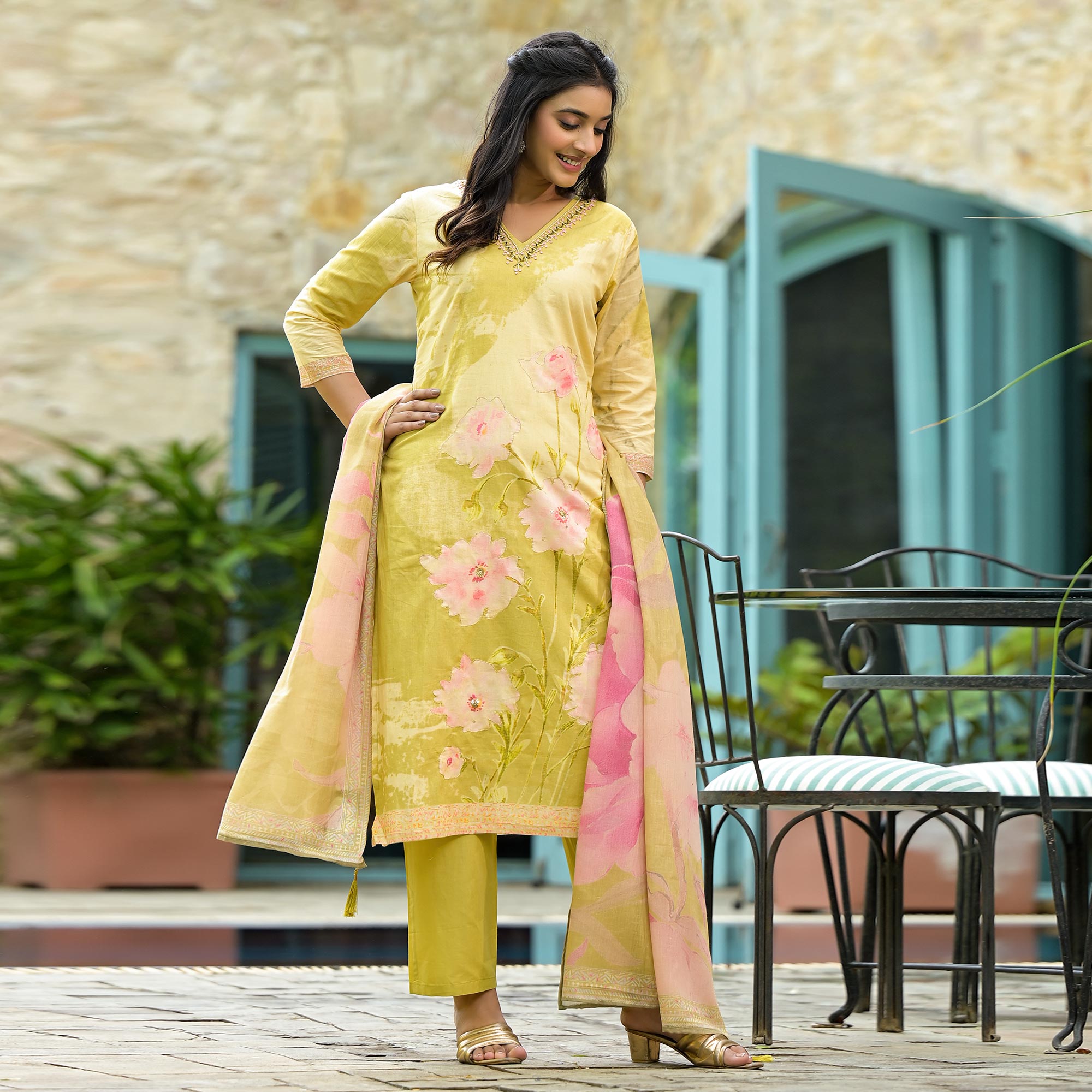 Olive Floral Embroidered With Printed Cambric Cotton Salwar Suit