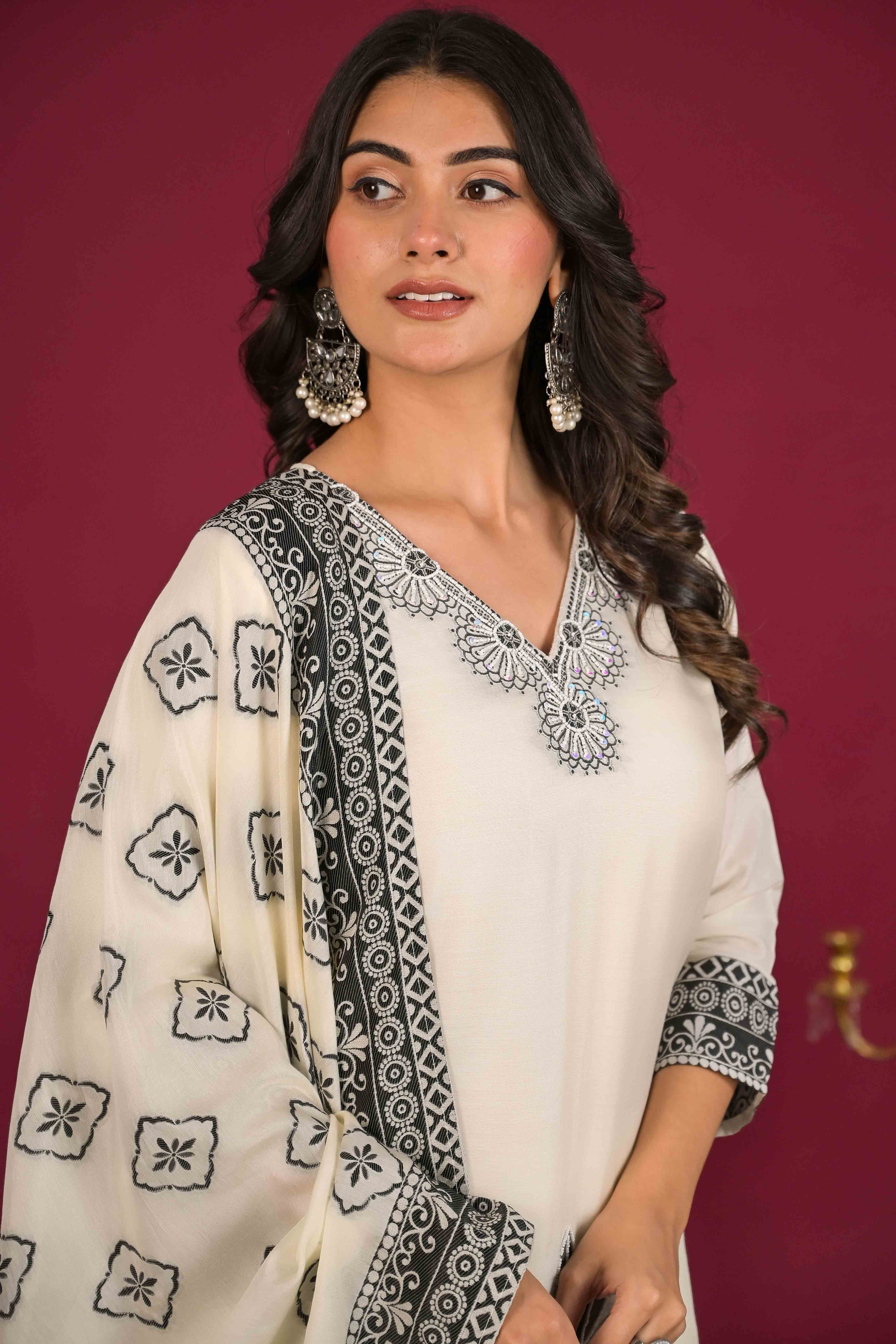 Off White Woven Muslin Salwar Suit With Beads Work