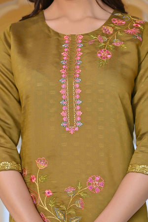 Olive Floral Embroidered Rayon Straight Kurti