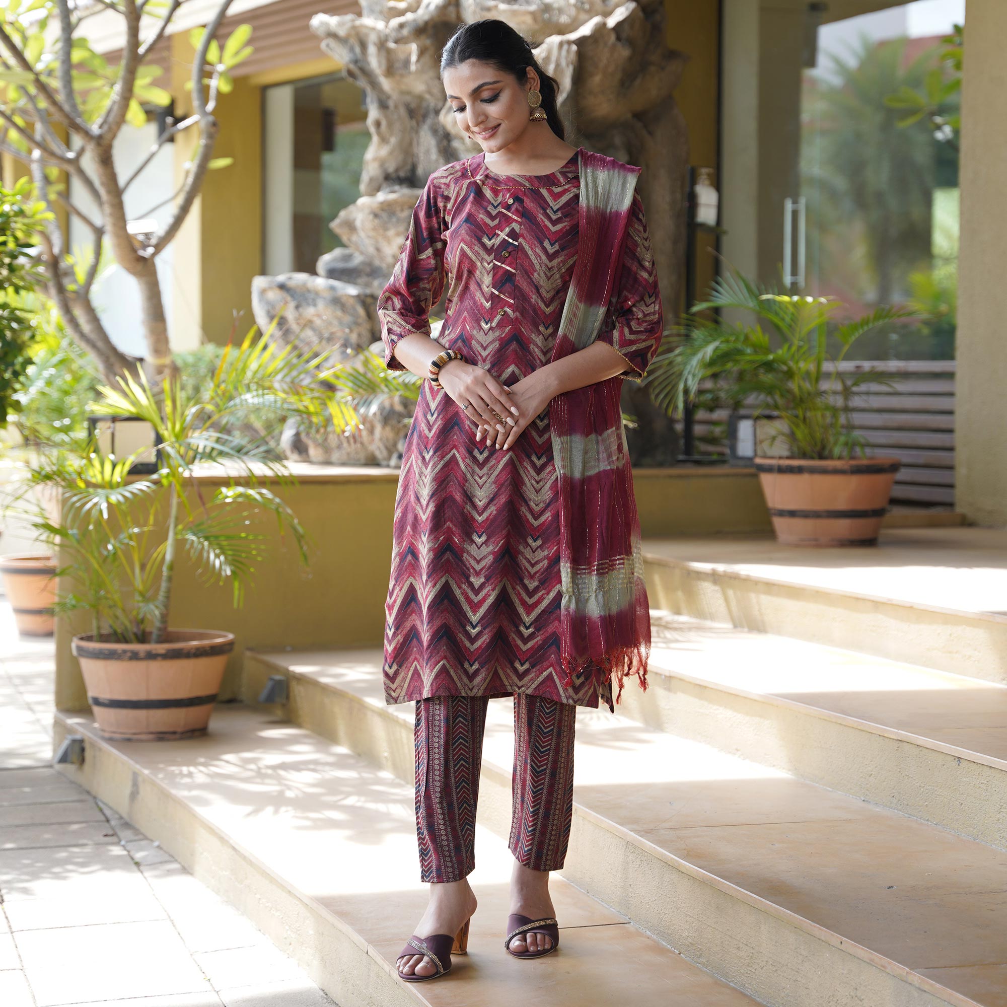 Red Foil Printed Rayon Suit