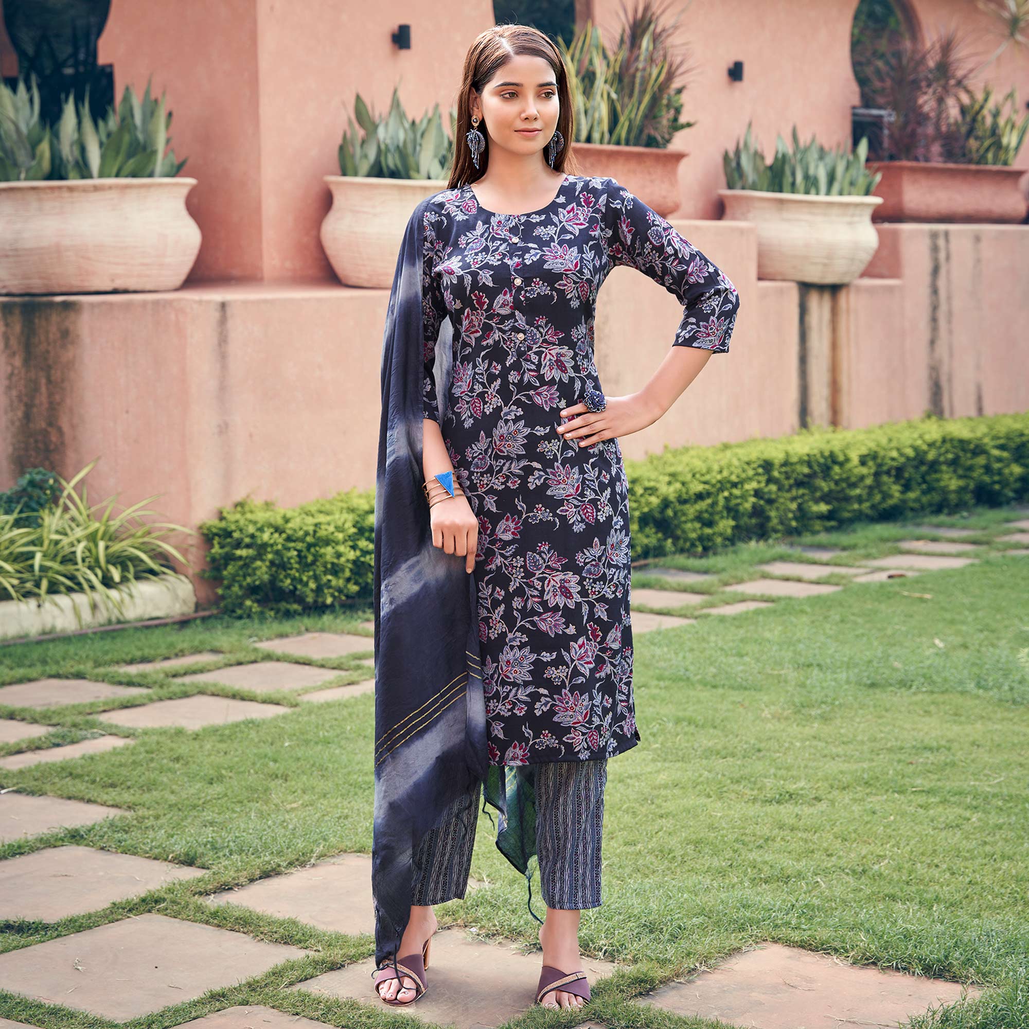 Navy Blue Floral Foil Printed Rayon Suit