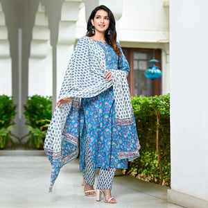 Blue Floral Printed Pure Cotton Salwar Suit
