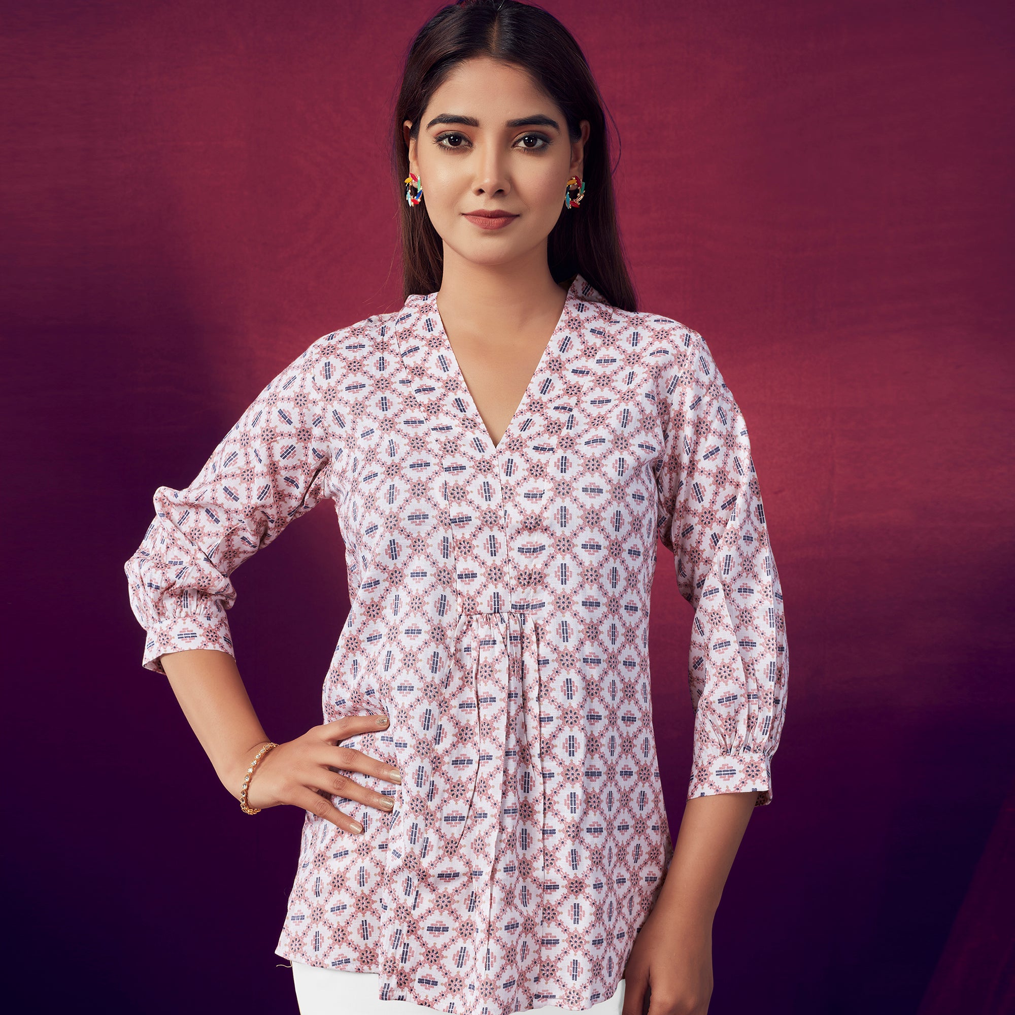 White & Peach Printed V-Neck Rayon Top
