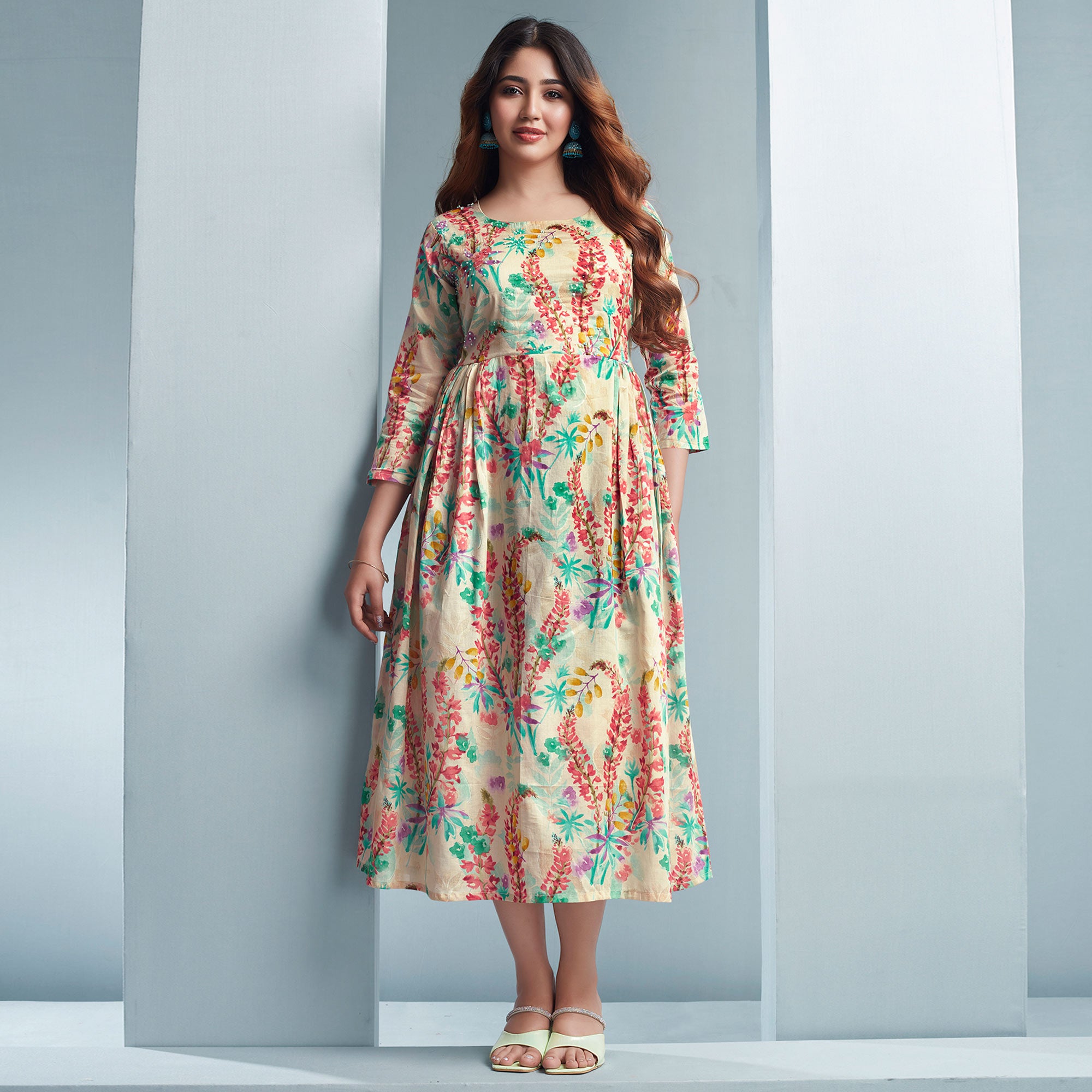 Off White Floral Printed Mulmul Cotton Dress