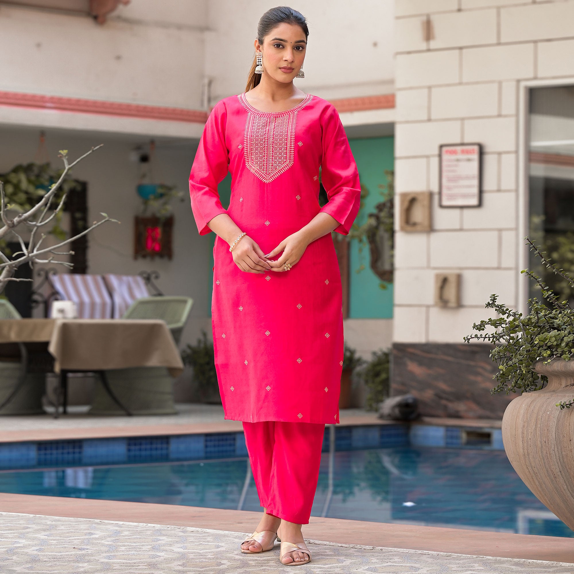 Pink Embroidered Viscose Straight Kurti Sets