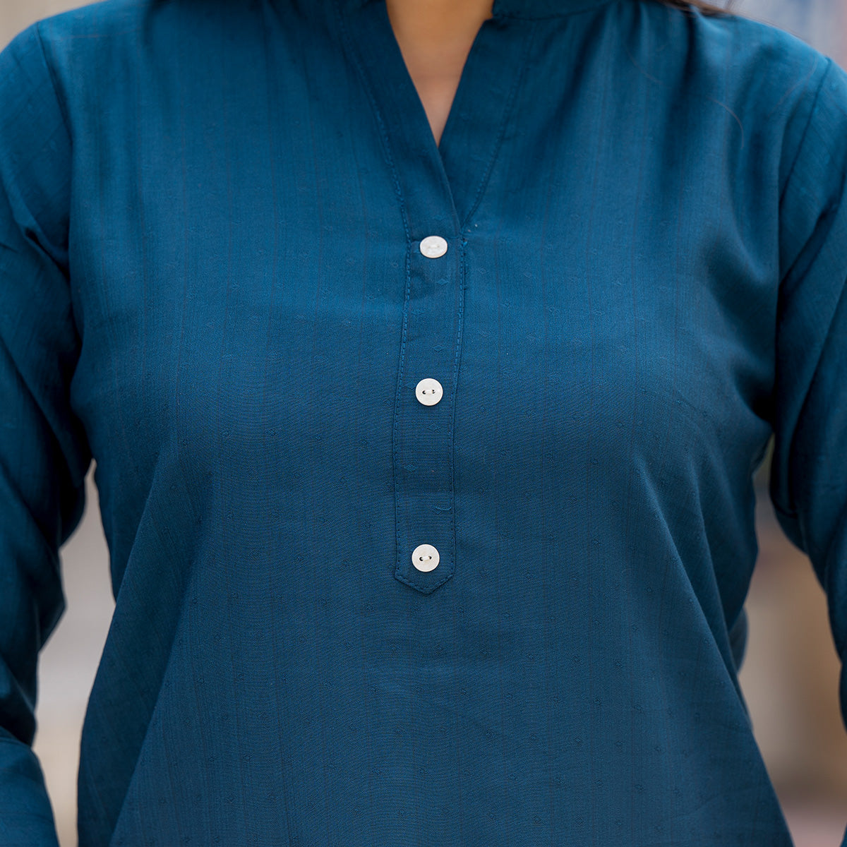 Blue Solid Cotton Silk Straight Top