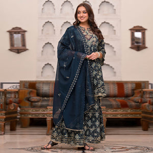 Blue Foil Printed With Embroidered Muslin Sharara Suit