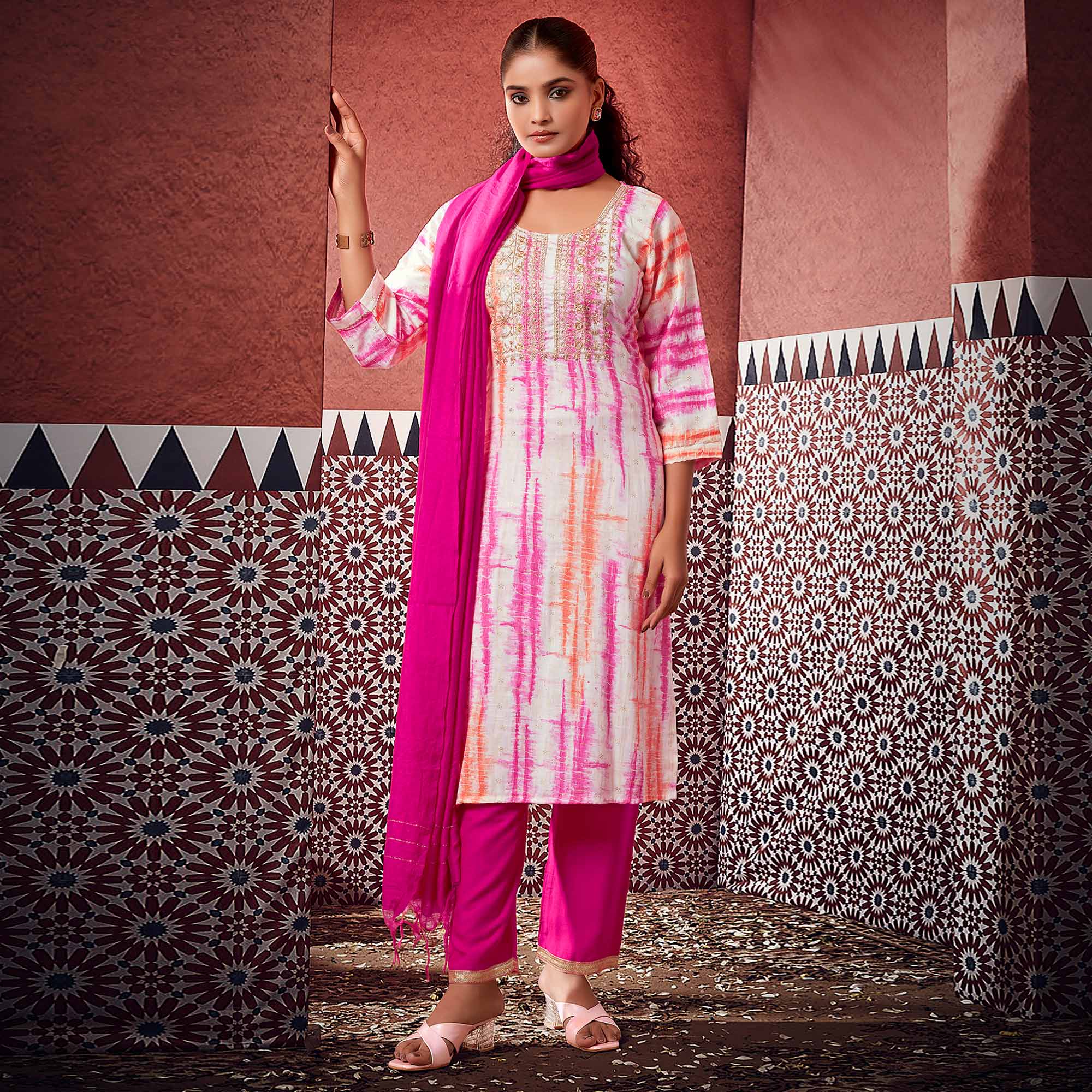 White & Pink Striped Printed Pure Cotton Suit