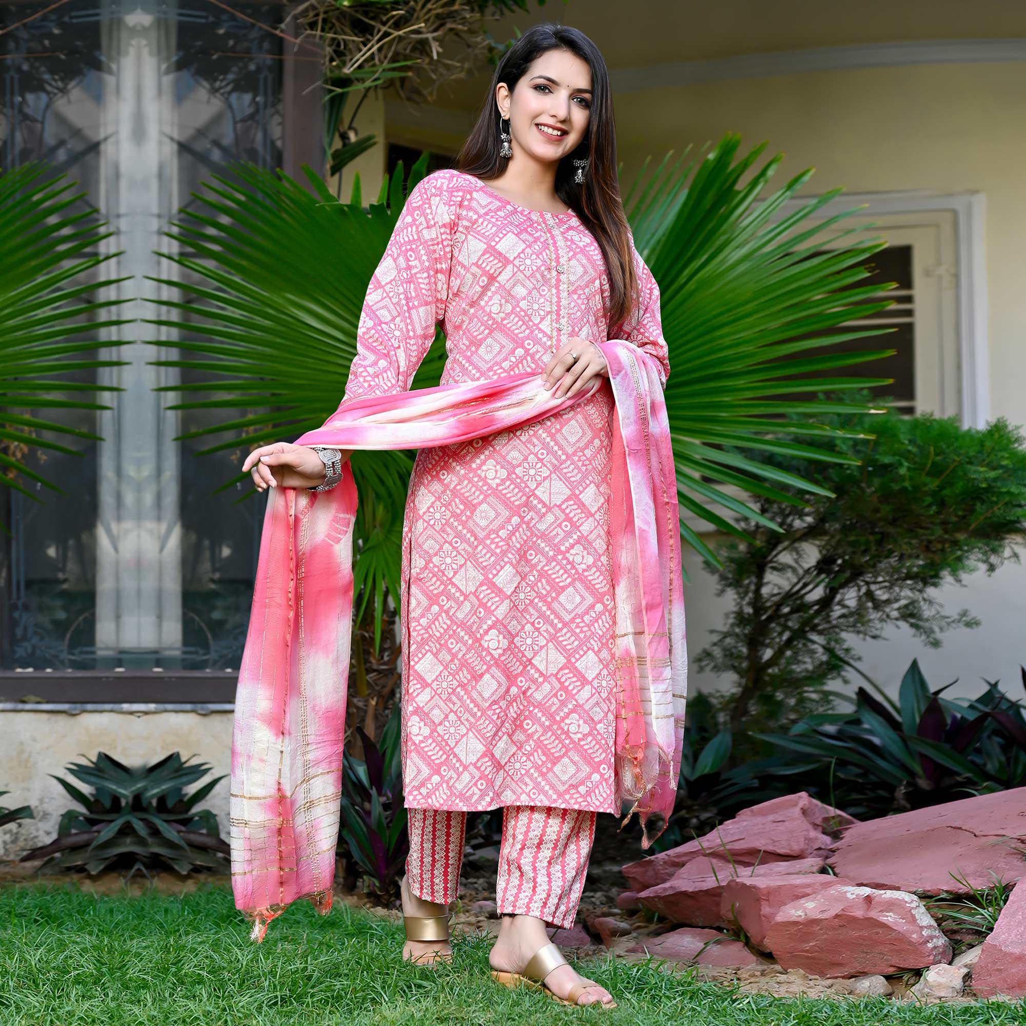 Pink Floral Printed Rayon Salwar Suit