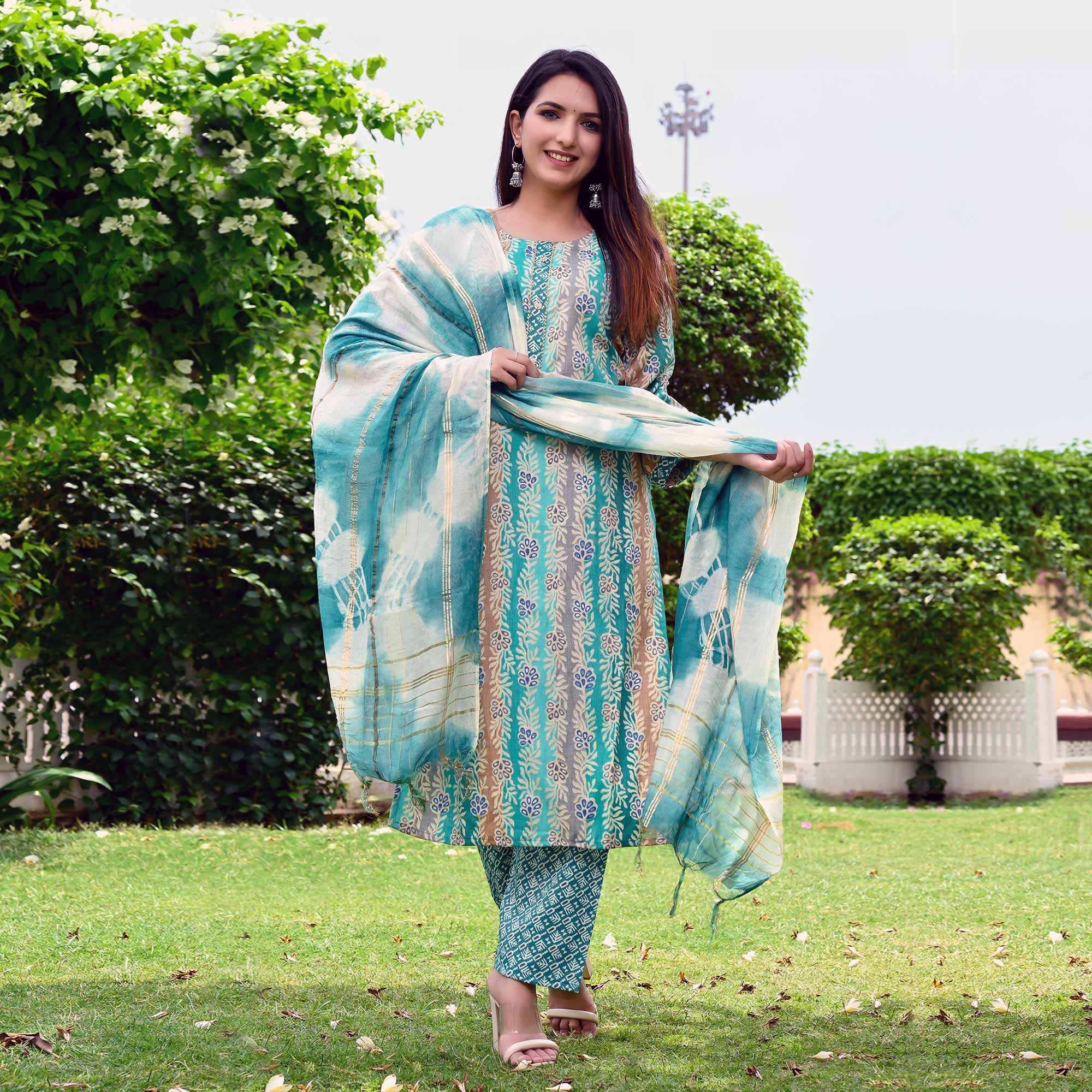 Turquoise Floral Printed Rayon Salwar Suit