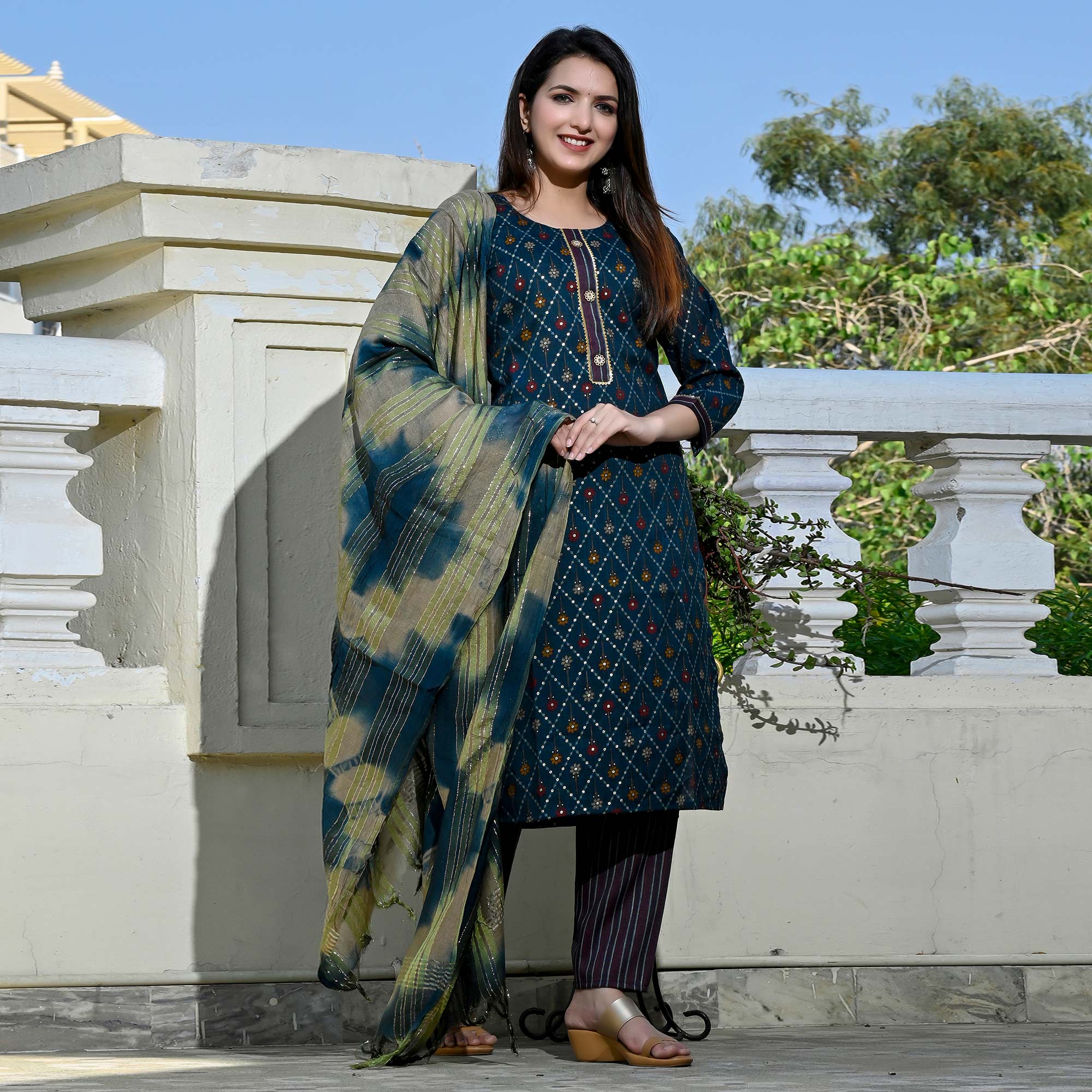 Blue Foil Printed Rayon Suit