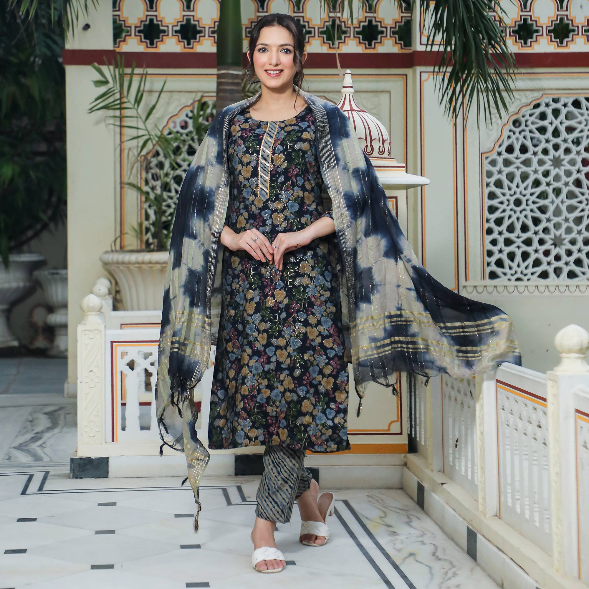 Navy Blue Foil Printed Rayon Suit