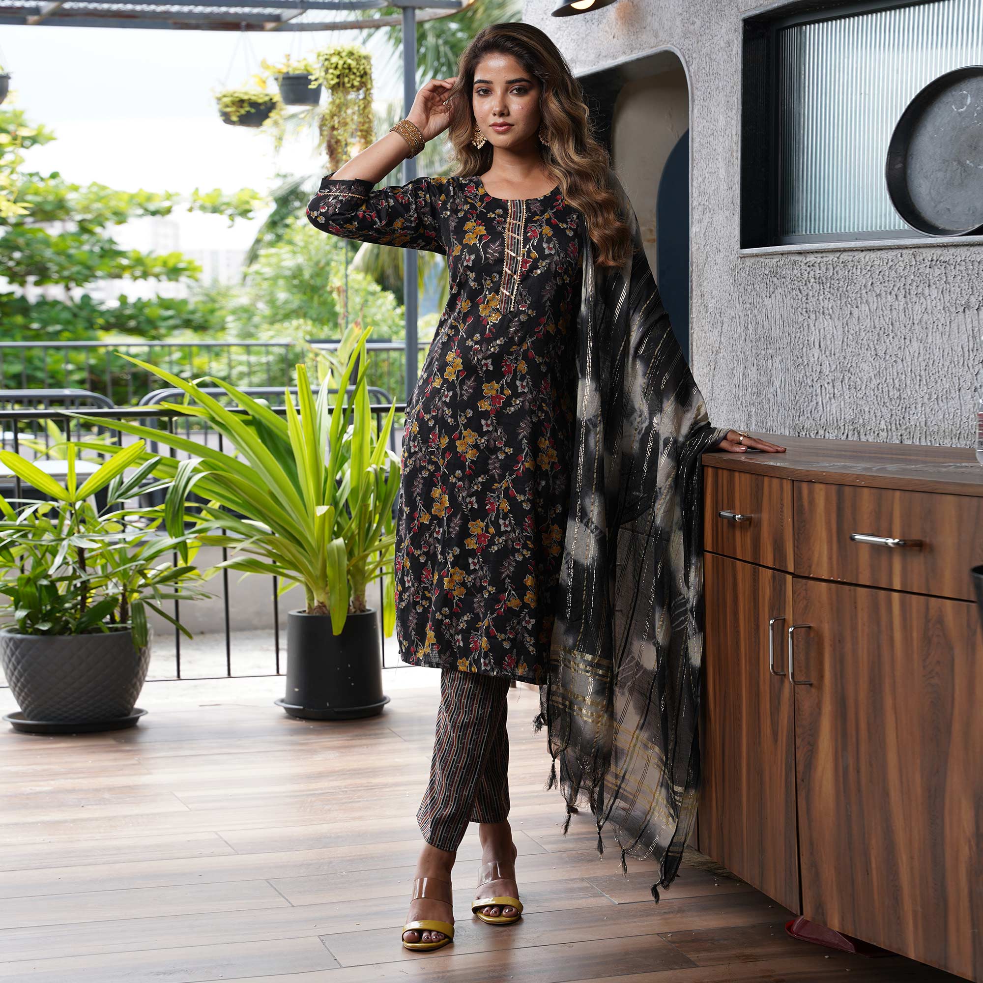 Black Floral Foil Printed Rayon Salwar Suit