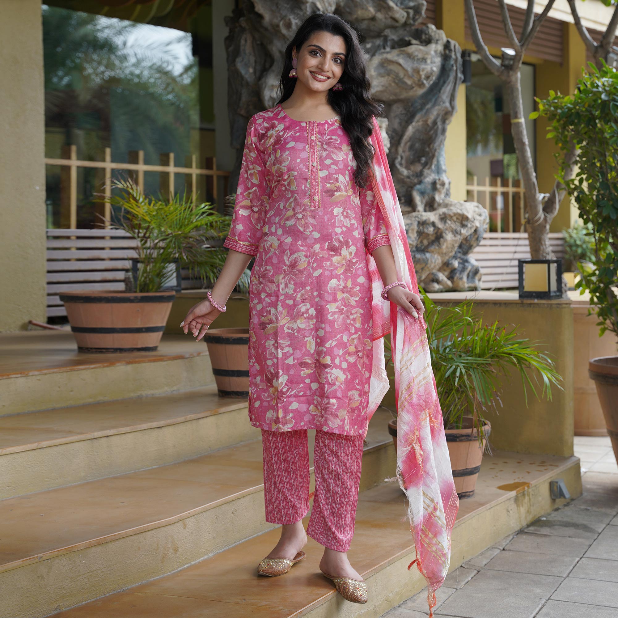 Pink Foil Printed Rayon Suit
