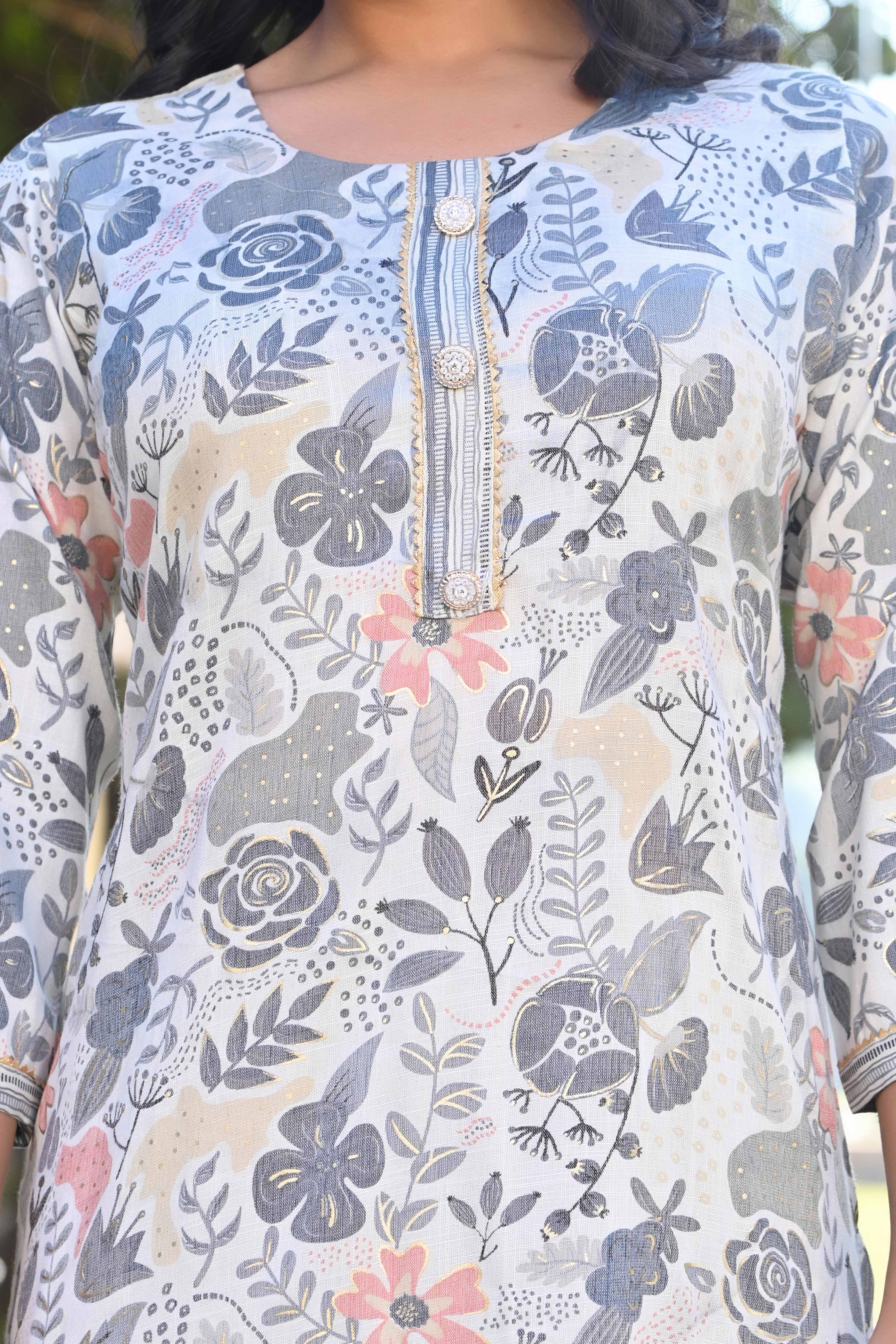 Off White Floral Foil Printed Rayon Salwar Suit