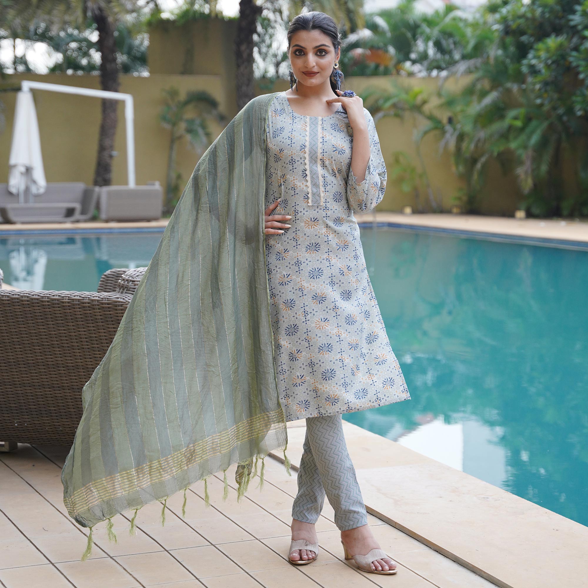 Grey Foil Printed Rayon Suit