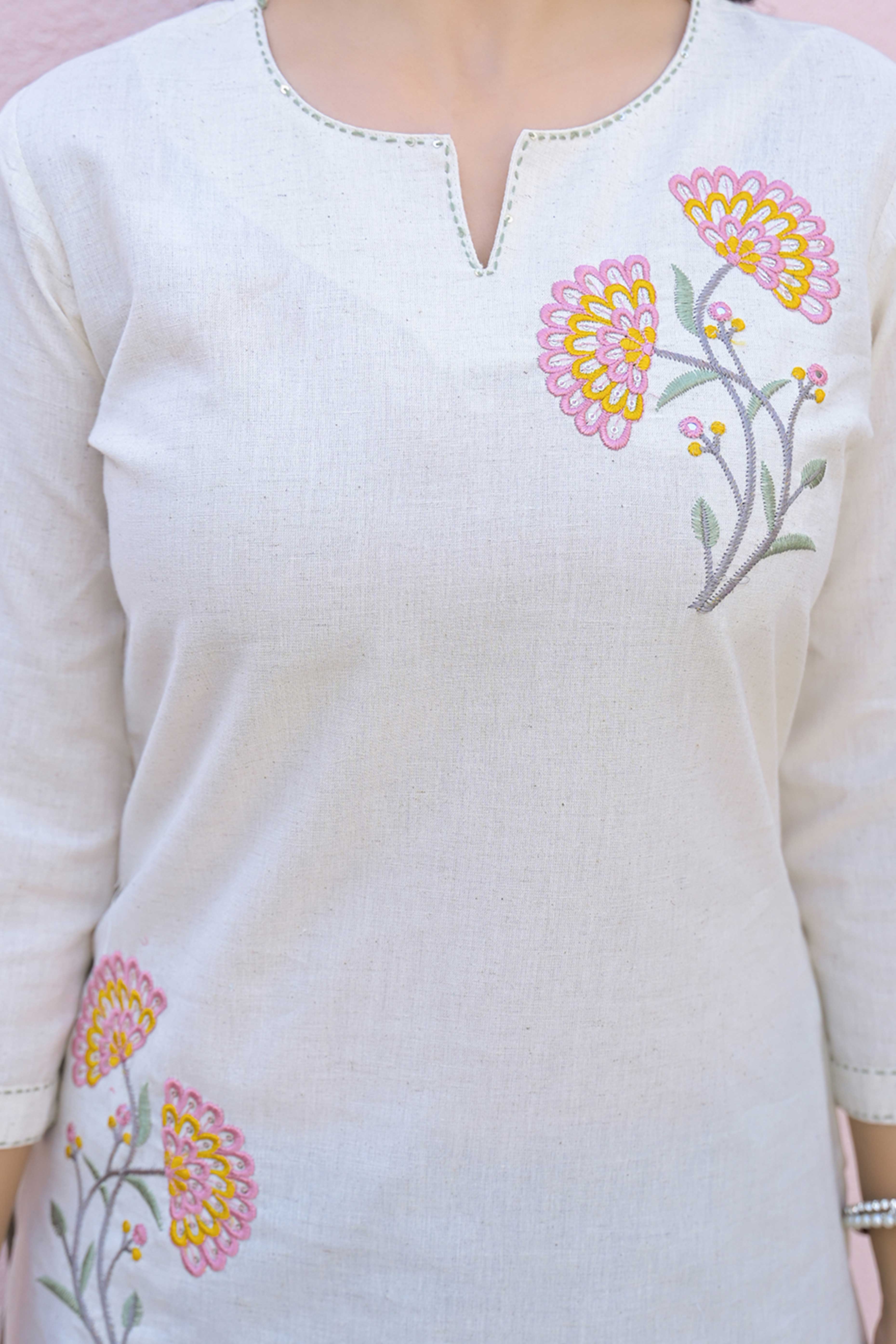 Cream Floral Embroidered Pure Cotton Flex Straight Top