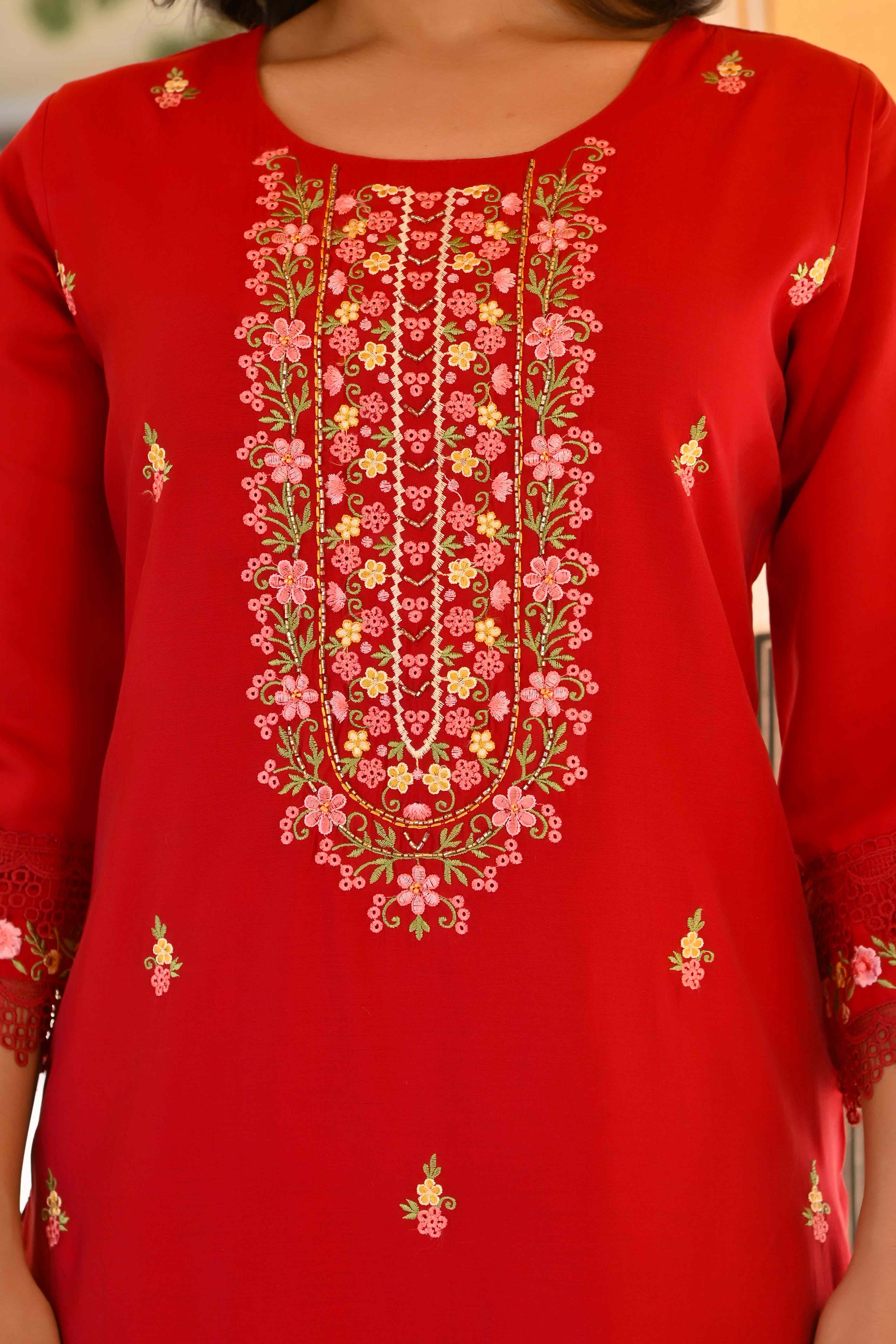 Maroon Floral Embroidered Chanderi Silk Salwar Suit