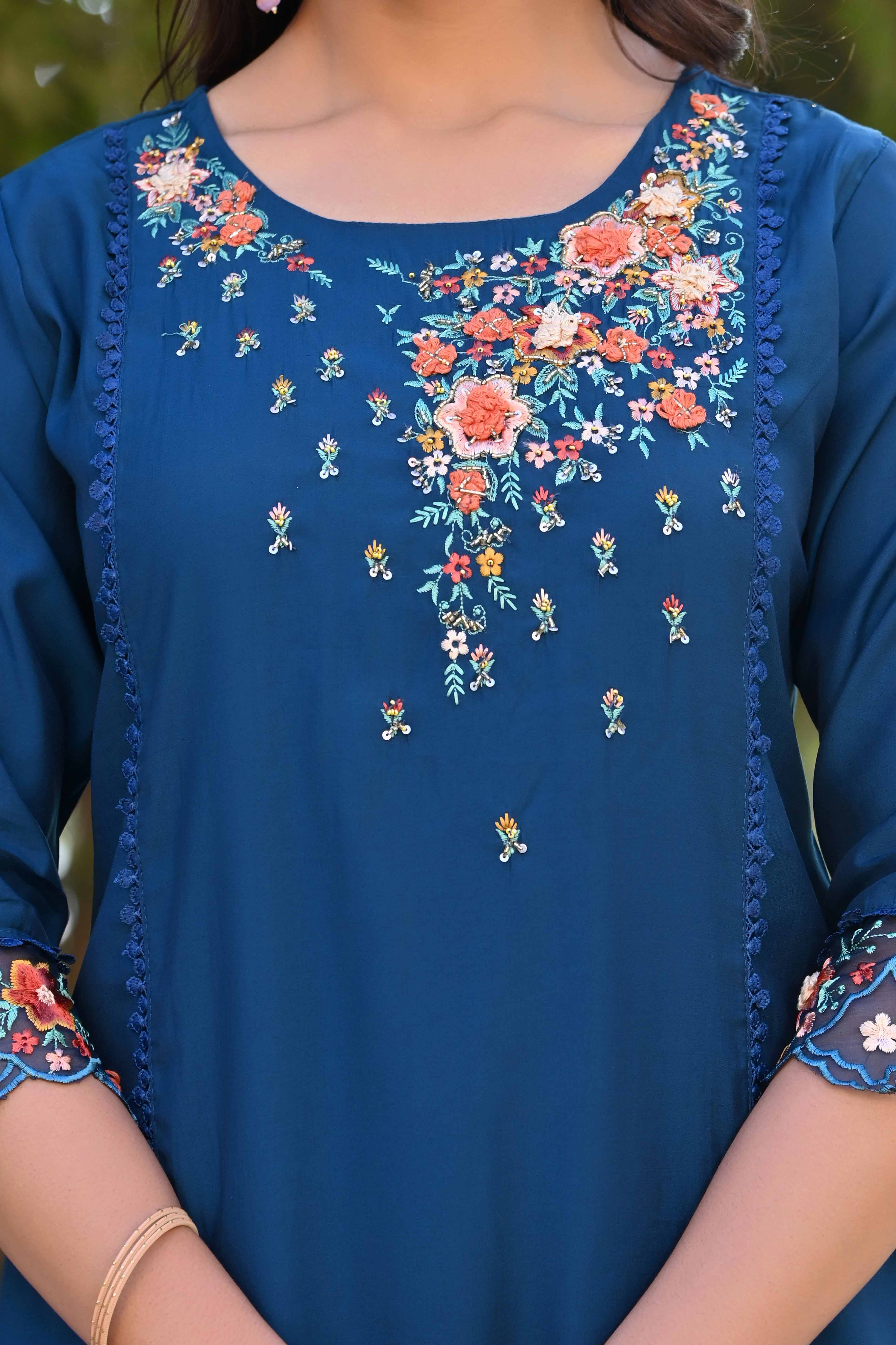 Navy Blue Floral Embroidery Handwork Viscose Salwar Suit