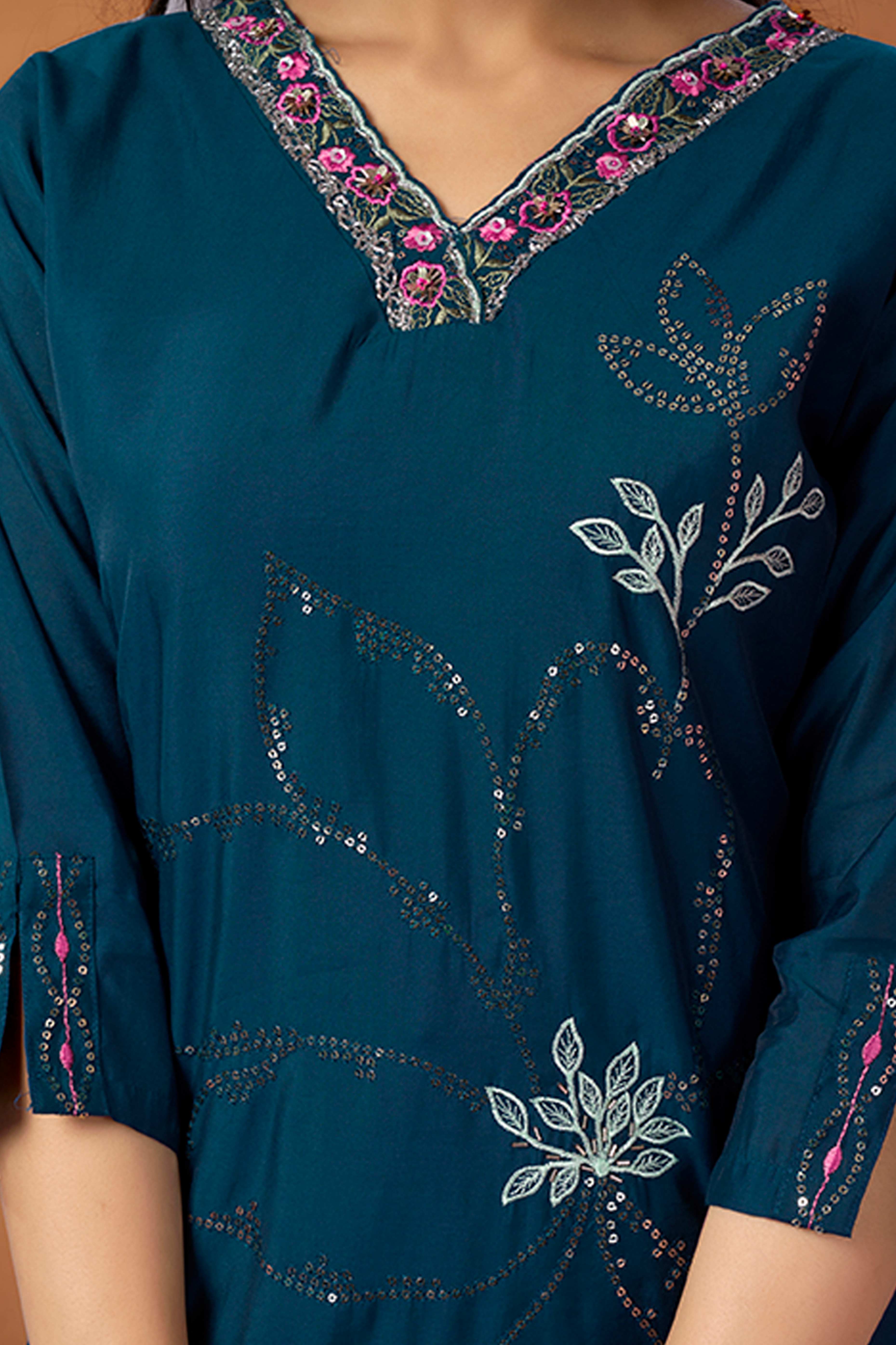 Blue Sequins Embroidered Chanderi Silk Straight Salwar Suit