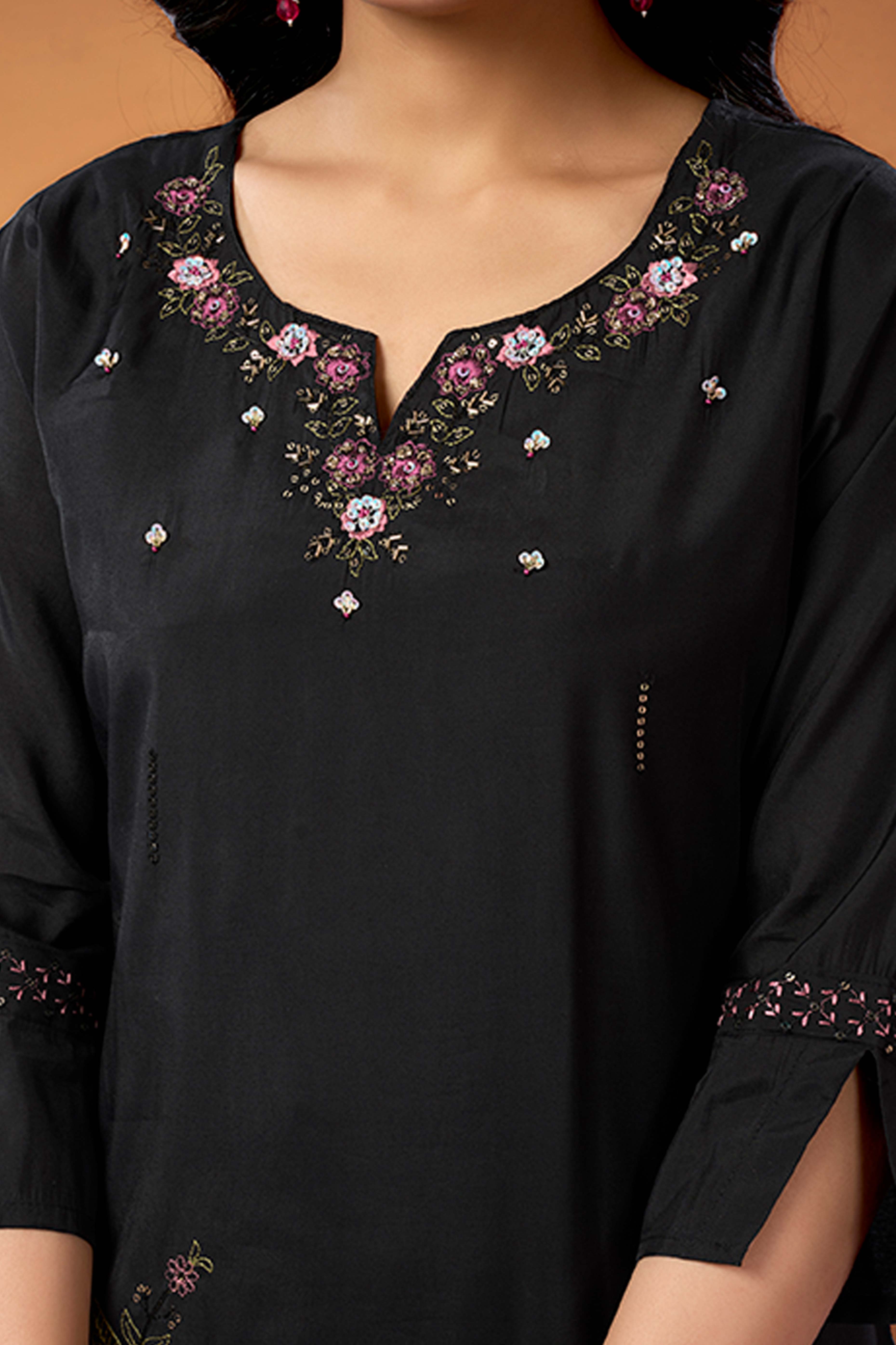 Black Sequins Embroidered Chanderi Silk Straight Salwar Suit