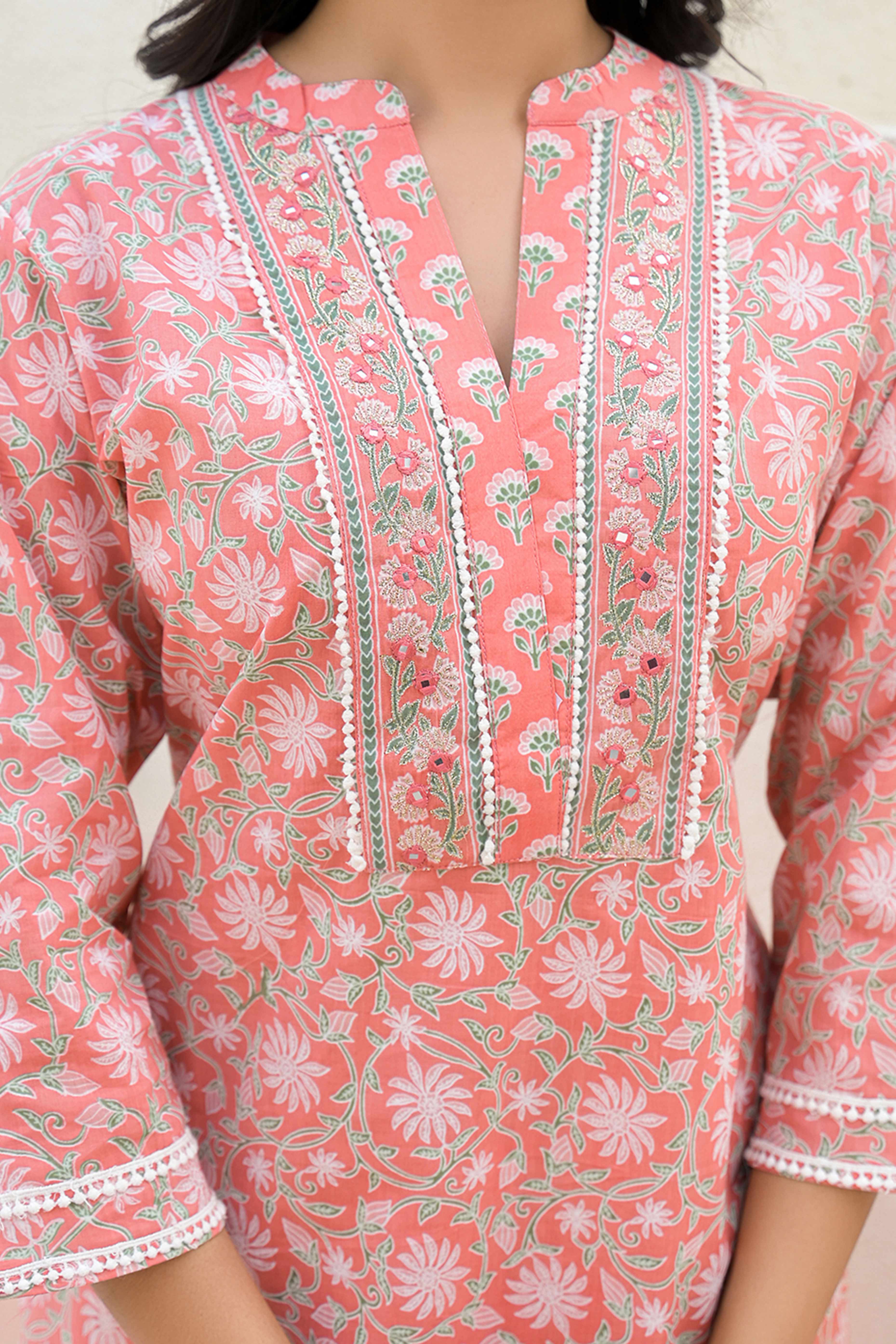 Gajari Pink Pure Cotton Straight Salwar Suit Adorned With Delicate Floral Prints & Embroidery Work