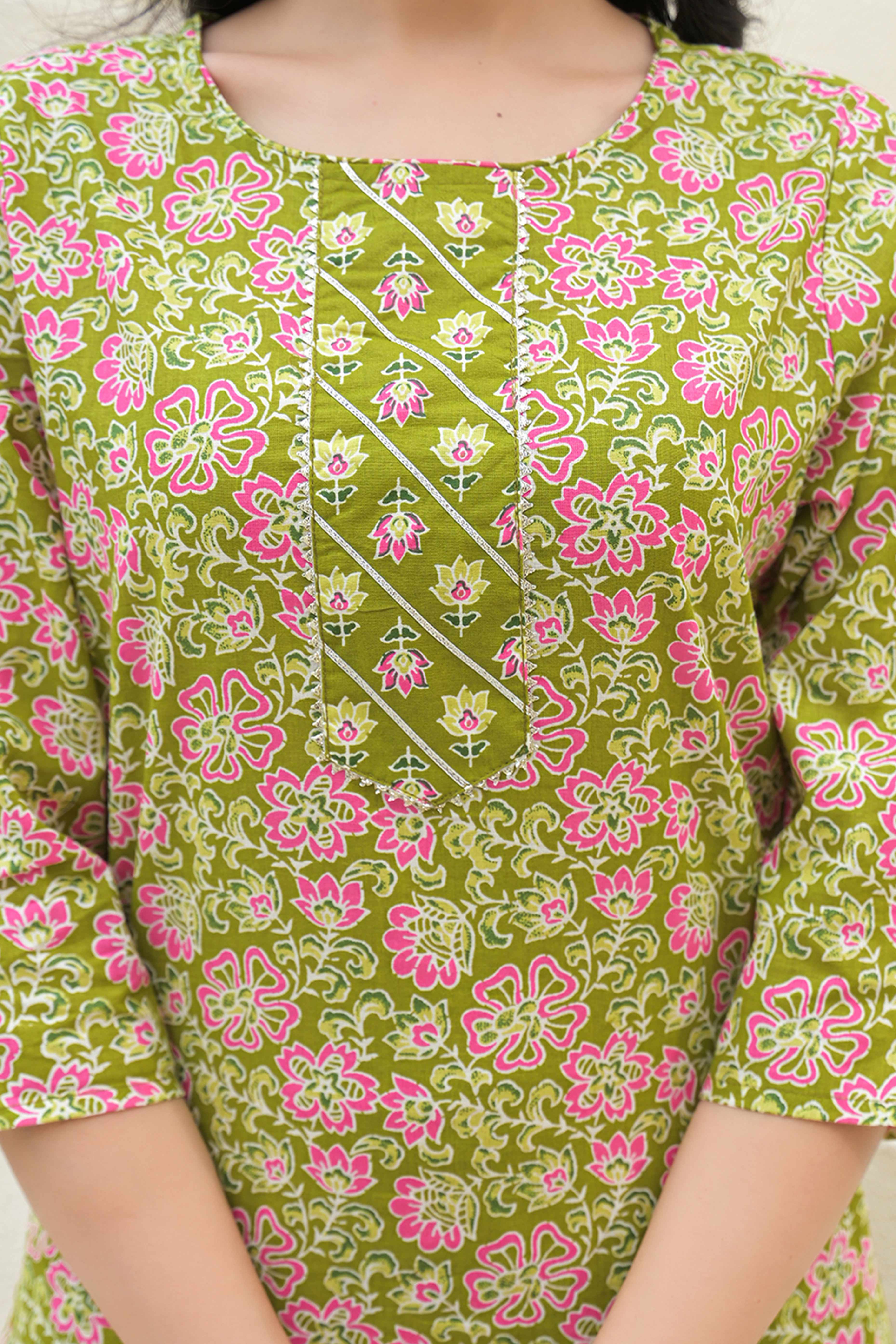 Olive Floral Printed Pure Cotton Suit in a Straight Silhouette for Everyday Ease