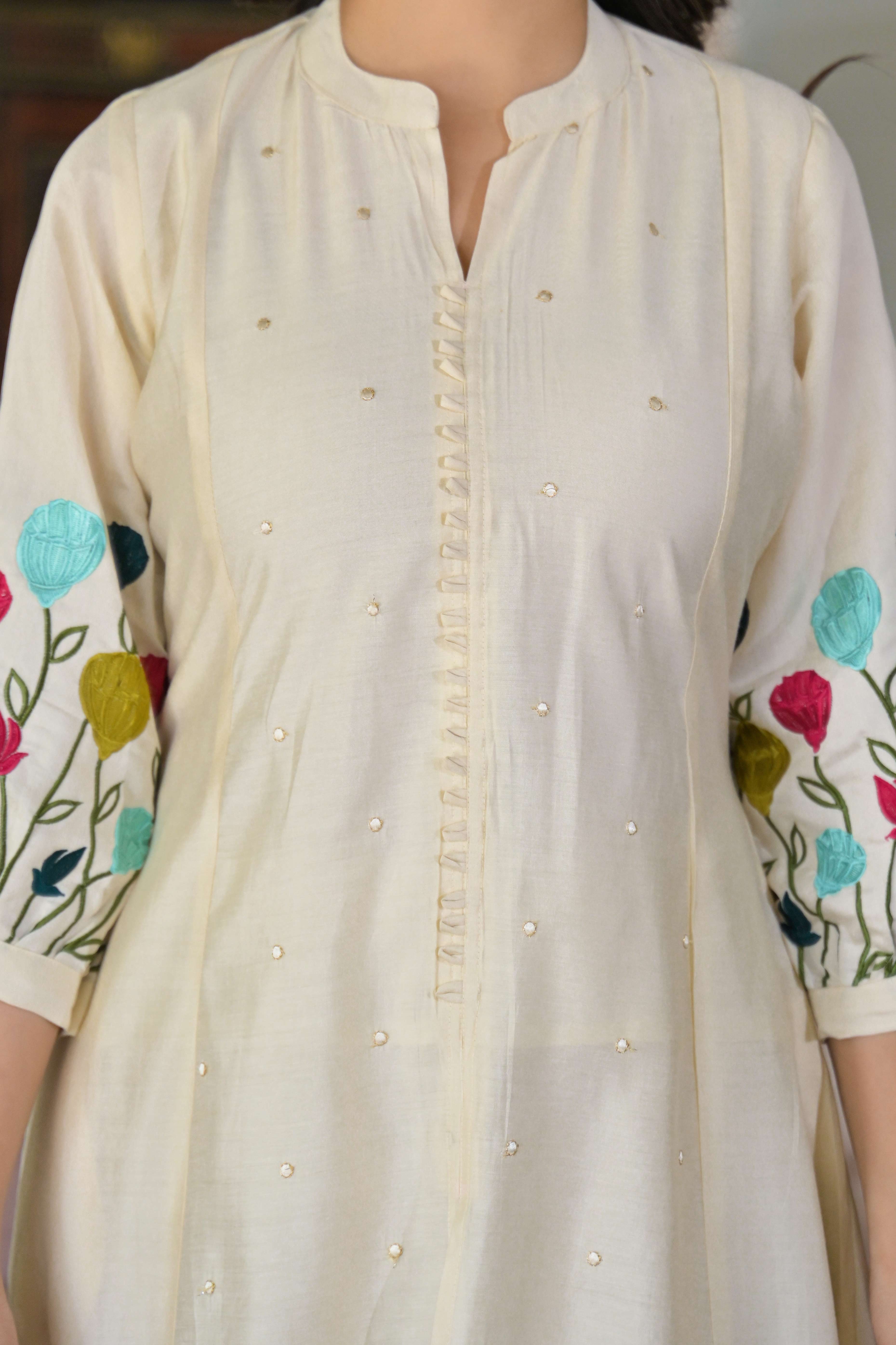 Cream Thread Embroidered Chanderi A-Line Salwar Suit