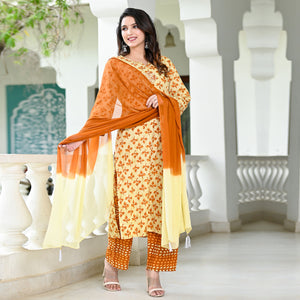 Cream Brown Floral Printed Pure Cotton Suit