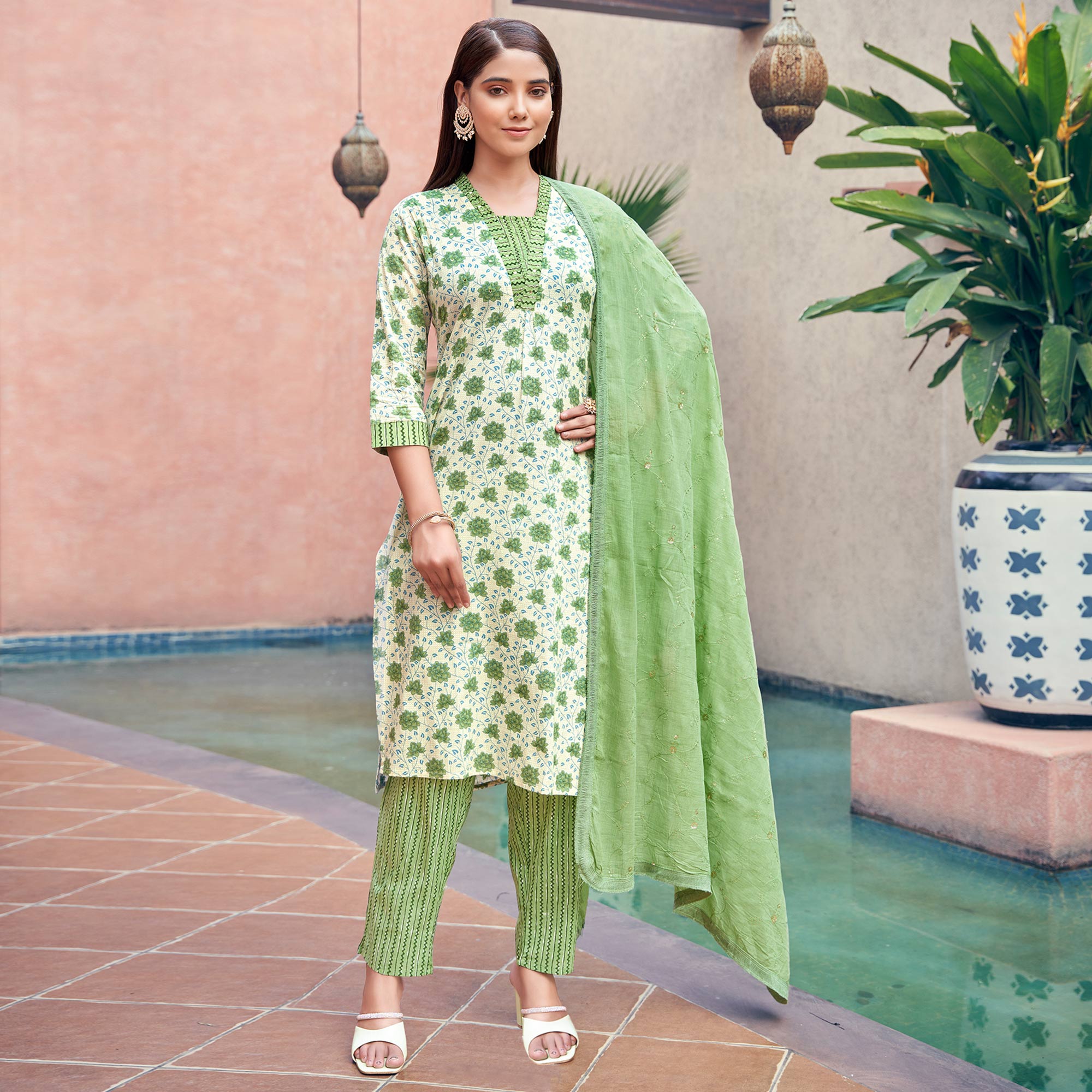 White & Green Floral Printed Pure Cotton Suit