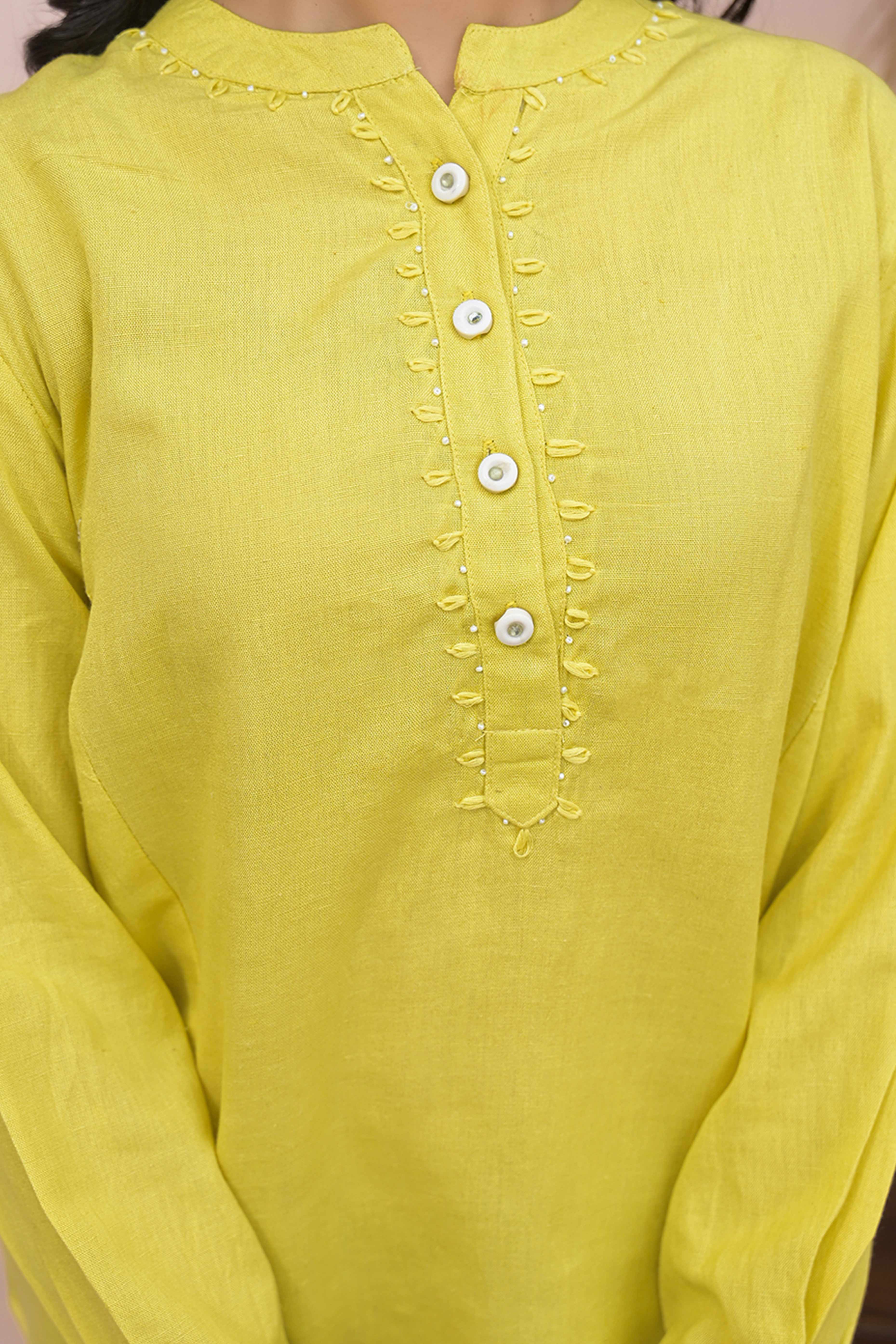 Bright Lemon Yellow Solid Cotton Top With Flowy A-Line Fit