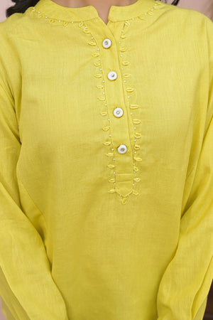 Bright Lemon Yellow Solid Cotton Top With Flowy A-Line Fit