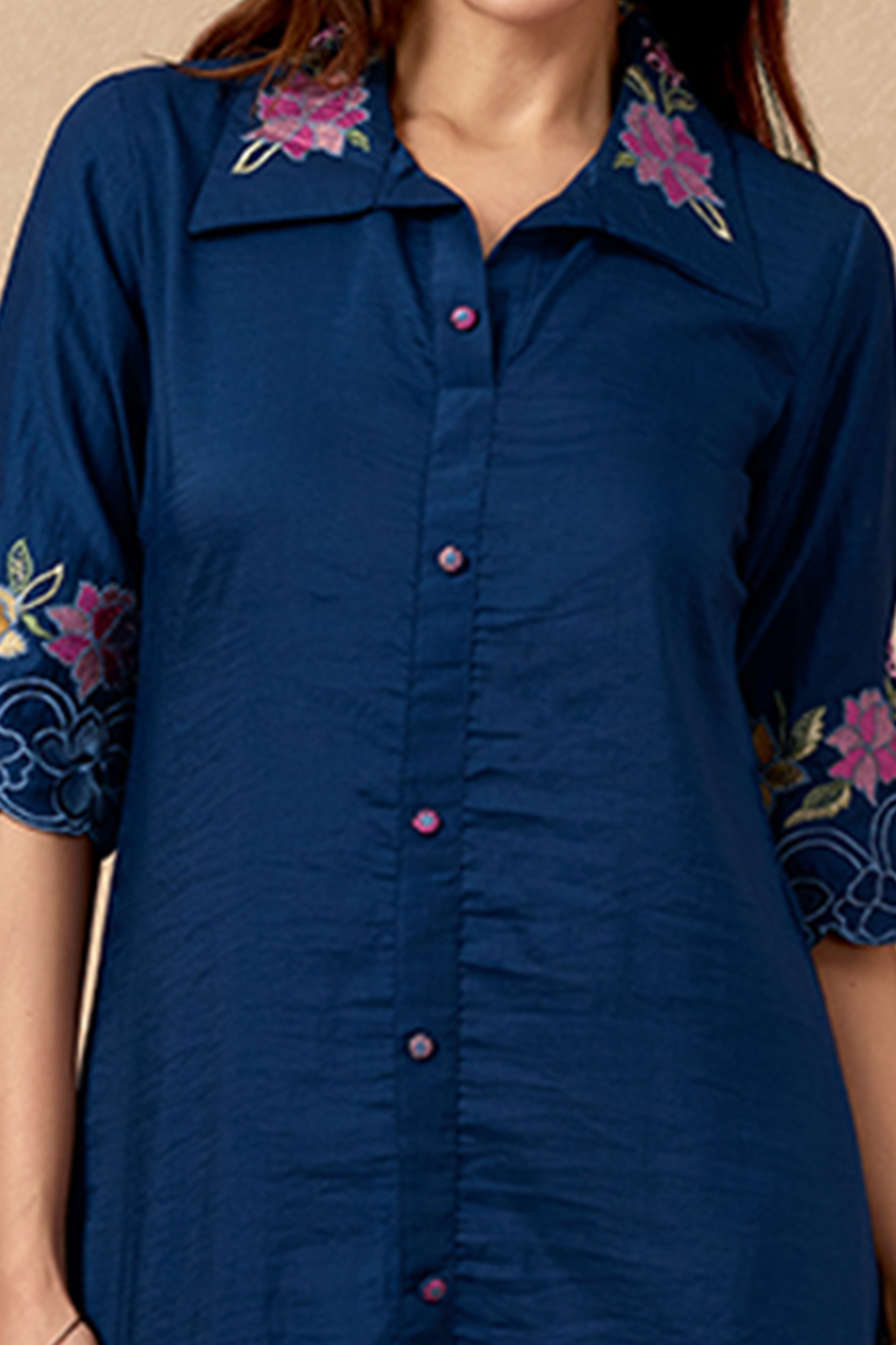 Ethereal Navy Blue Chinon Co-Ord Set with Floral Embroidery