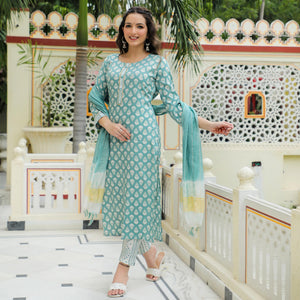 Green Floral Foil Printed Rayon Suit