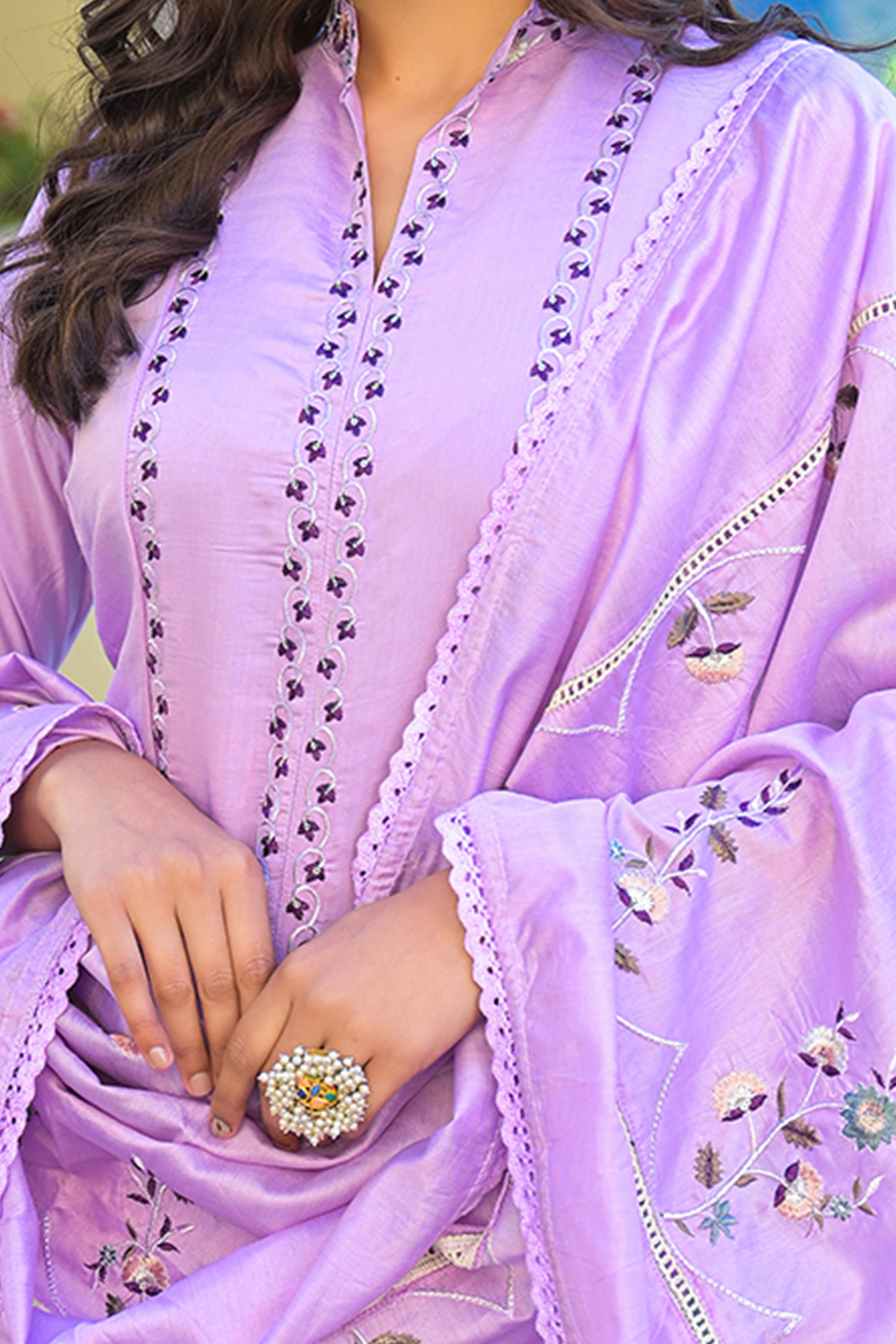 Light Purple Floral Embroidered Chanderi A-Line Salwar Suit